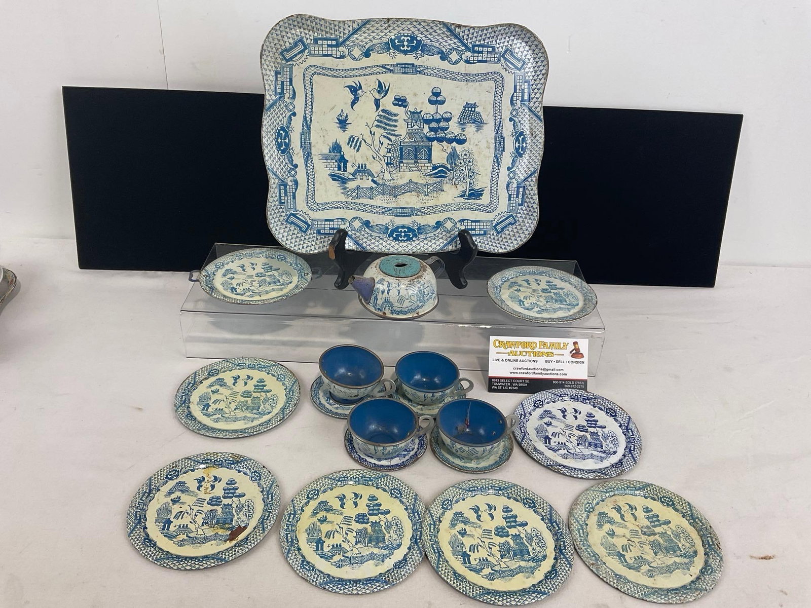 Vintage Mini Tin China, w/ Chinoiserie pattern, Blue/White, Cups/Saucers, Plate, Platter & Teapot: Appears to be in good shape. The piece measures approx 4h x 11w x 9d inches. See pics. E-4600
