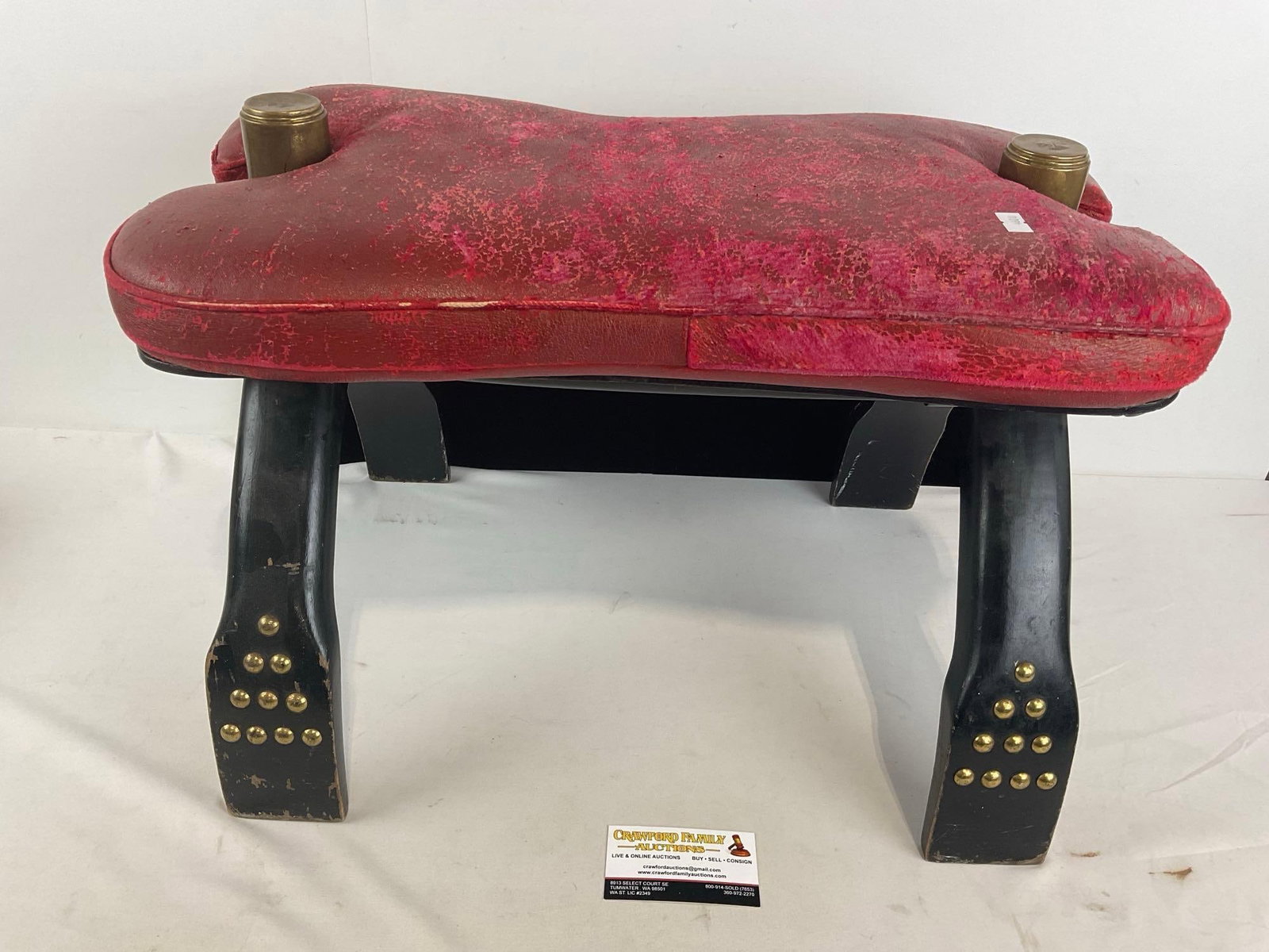 Vintage Camel Saddle, Leather Pillow & Wooden Frame w/Rawhide & Brass Details, 16h x 22w x 16d inch (1 of 7)