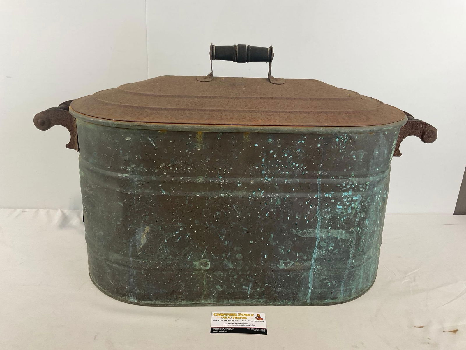 Antique Large Copper & Iron Boiler, 19h x 28w x 14d inches, w/wooden handles, corrosion & some wear (1 of 7)