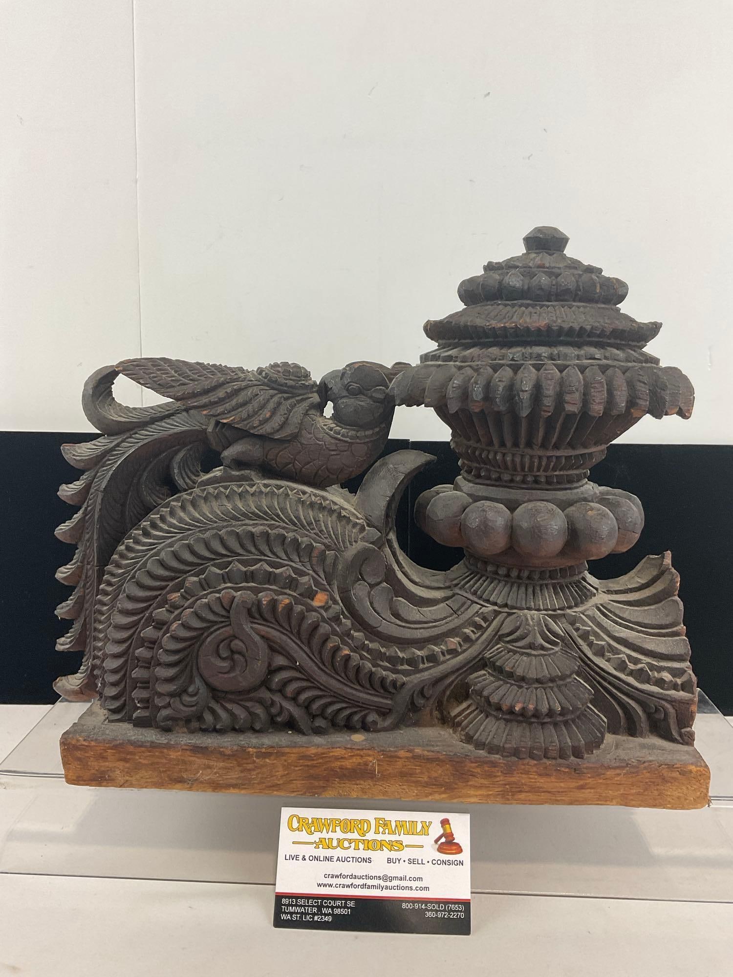 Antique Hand Carved Wooden Indian/Tibetan (?) Trim piece possibly 18th Cent.: Appears to be in good shape. The piece measures approx 12h x 14w x 7d inches. See pics. E-4560