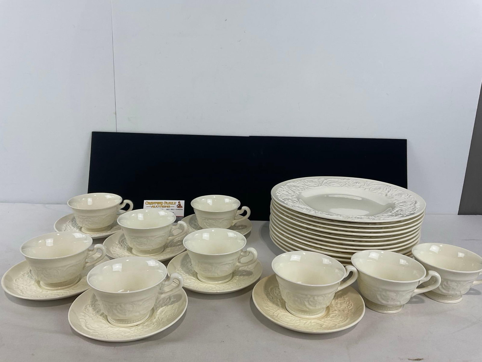 Wedgwood China Patrician Pattern, 9 cups, 7 saucers, 12 dinner plates: Appears to be in good shape. The pieces together measures approx 10h x 12w x 12d inches. See pics. E-4540 *Oversized shipping may apply*