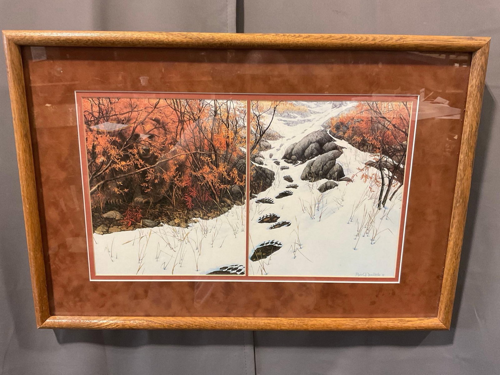 Framed Lithograph titled Doubled Back by Bev Doolittle, 18h x 26w x 3d inches, hidden Grizzly Bear: Appears to be in good shape. The piece measures approx 18h x 26w x 3d inches. See pics. E-4630