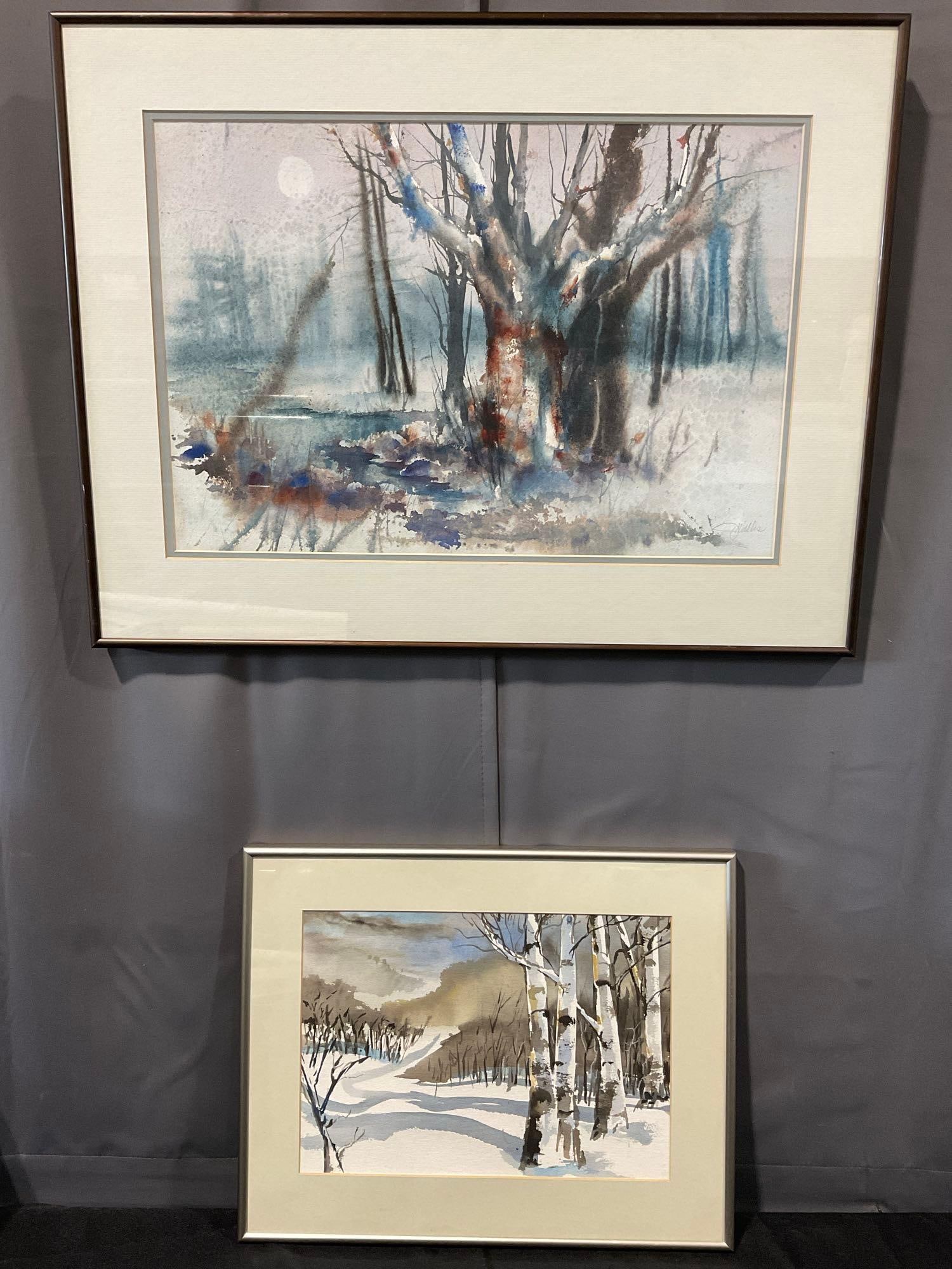 2 Signed Framed Original Watercolor Pieces, Trees near a Pond, larger one is 22h x 28w inches (1 of 6)