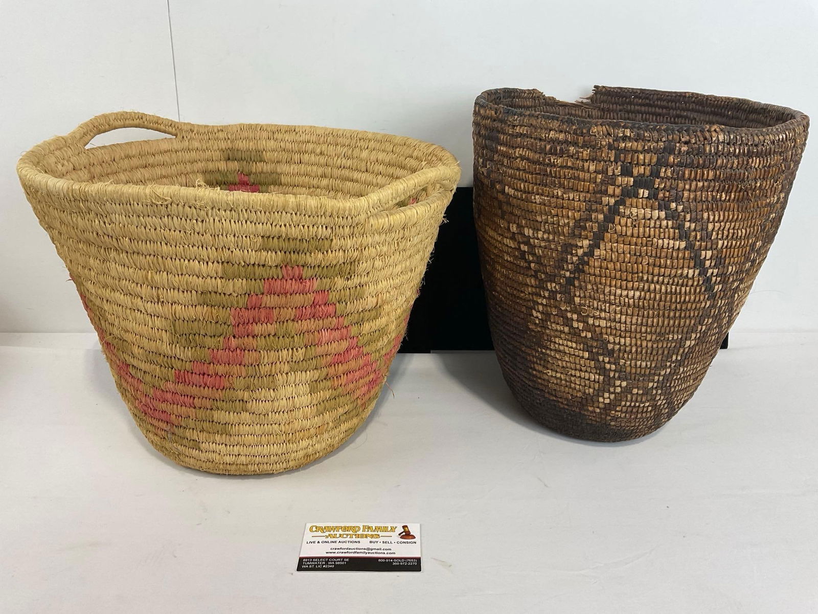 Pair of Native American Handwoven Baskets, Dyed Cane & Raffia, 14 inches tall (1 of 7)