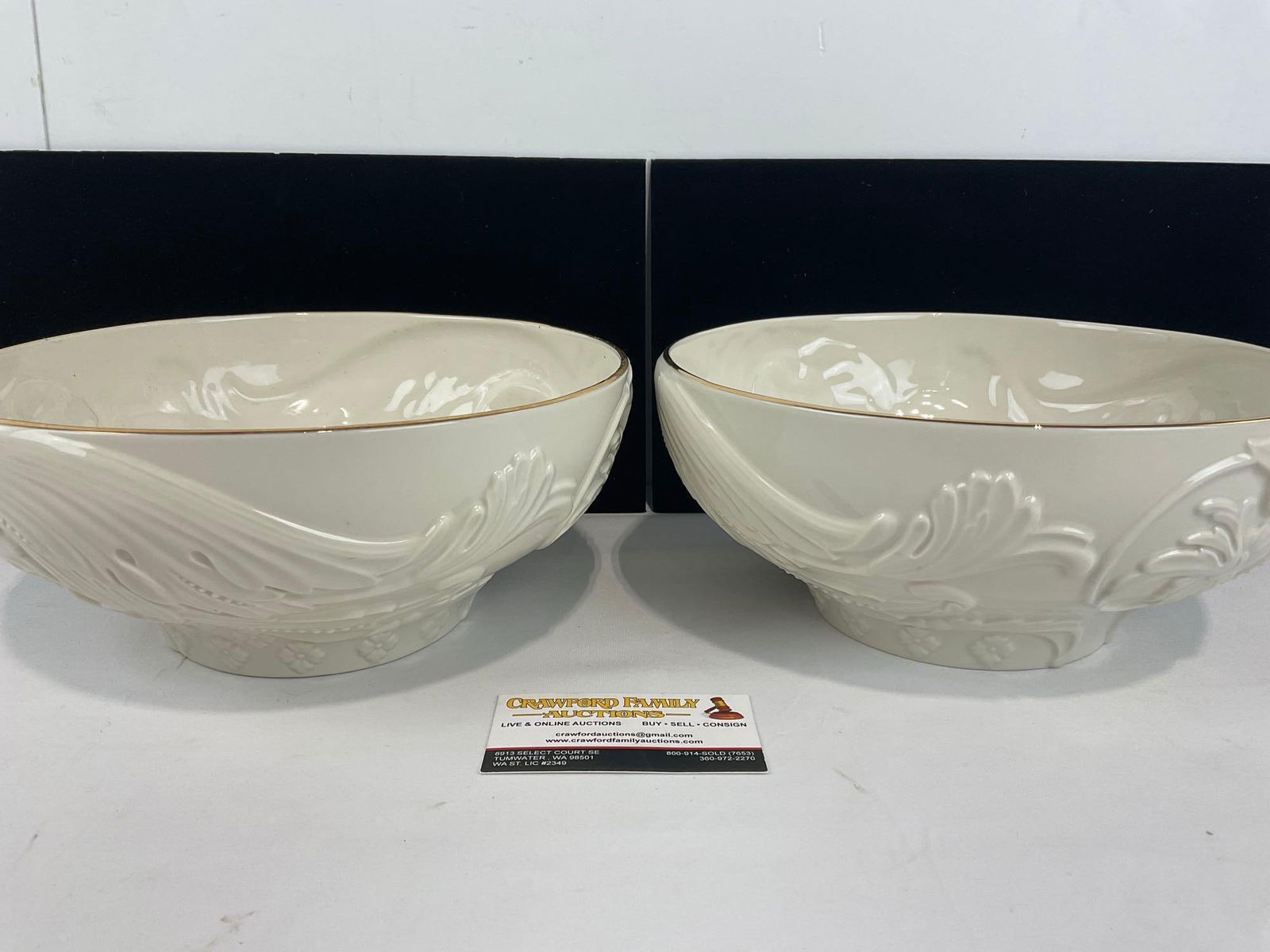 Pair of Lenox Grande Minuet Bowls, Fruit Bowls, Embossed design, 7h x 11w x 11d inches: Appears to be in good shape. The pieces measures approx 7h x 11w x 11d inches. See pics. E-4720
