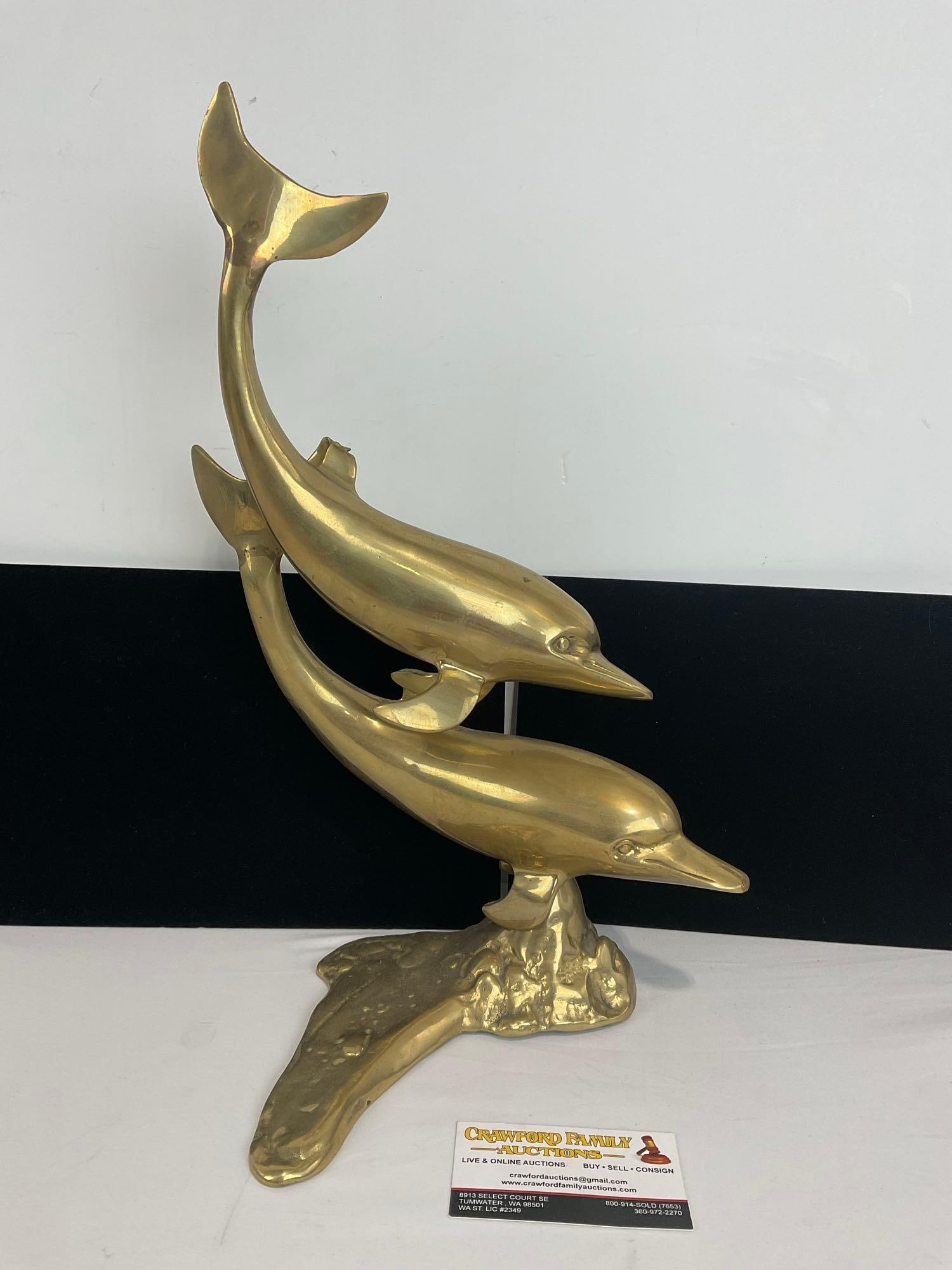 Vintage Double Dolphin Statue, Cast Brass, 17h x 12w x 7d inches (1 of 5)