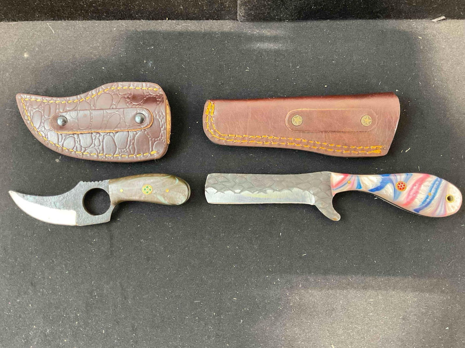 2 pcs Handmade Hatched Steel 2" Hunting & 3.5" Cowboy Knife w/ Leather Sheathes. See pics. (1 of 12)