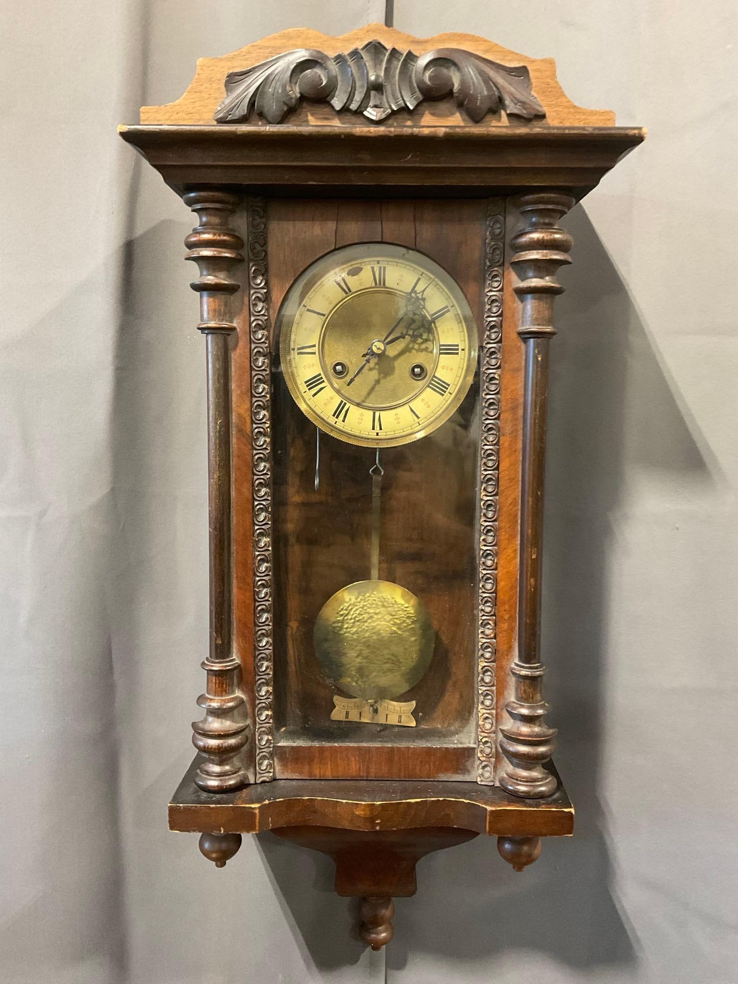 Antique German Carved Wooden Wall Time Strike Clock, 26h x 13w x 8d inches (1 of 5)