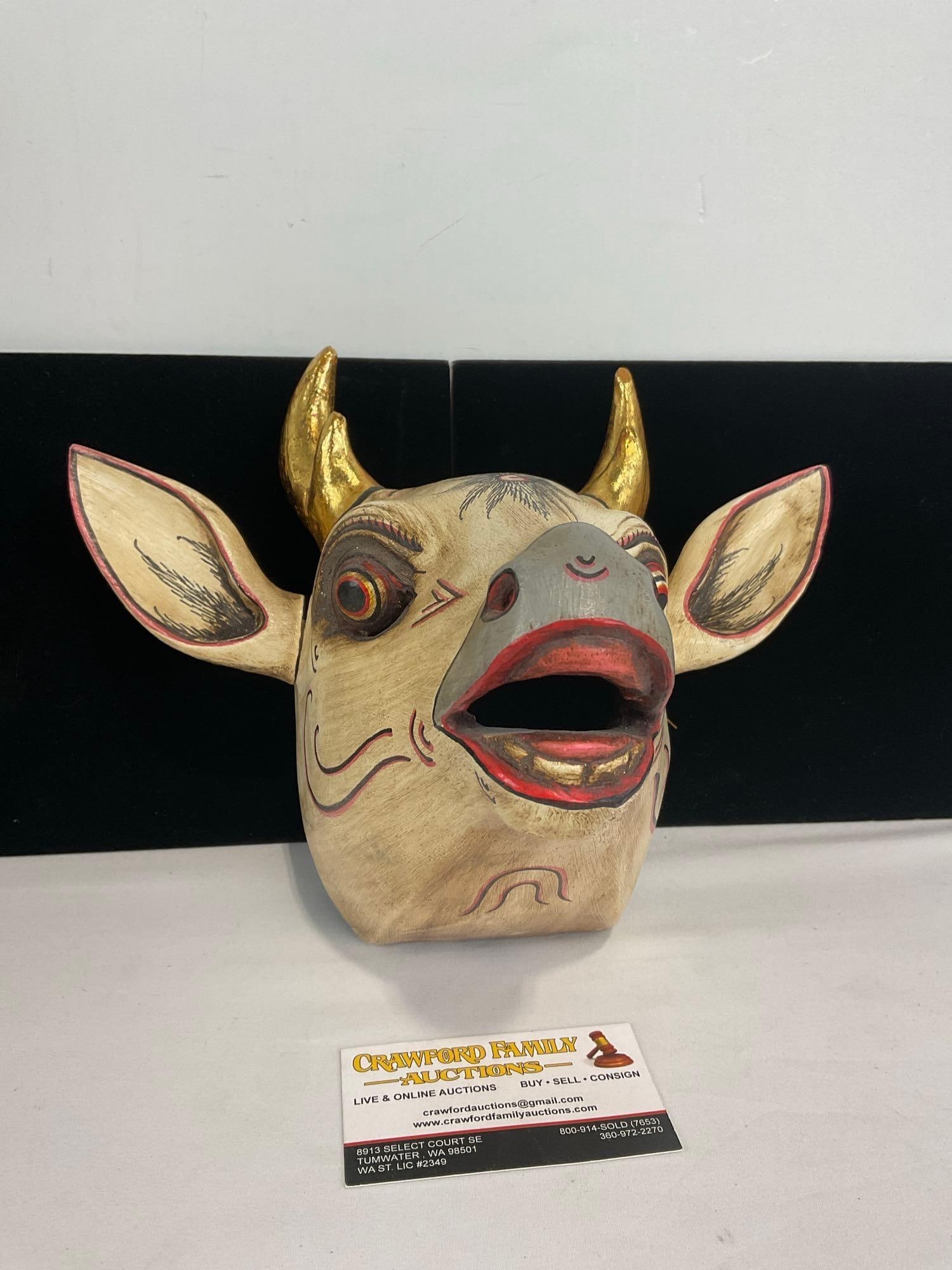 Vintage Balinese Bull Wooden Wall Hanging, Polychrome Multicolor Handpainted, 10h x 12w x 9d inches: Appears to be in good shape. The piece measures approx 10h x 12w x 9d inches. See pics. E-4710
