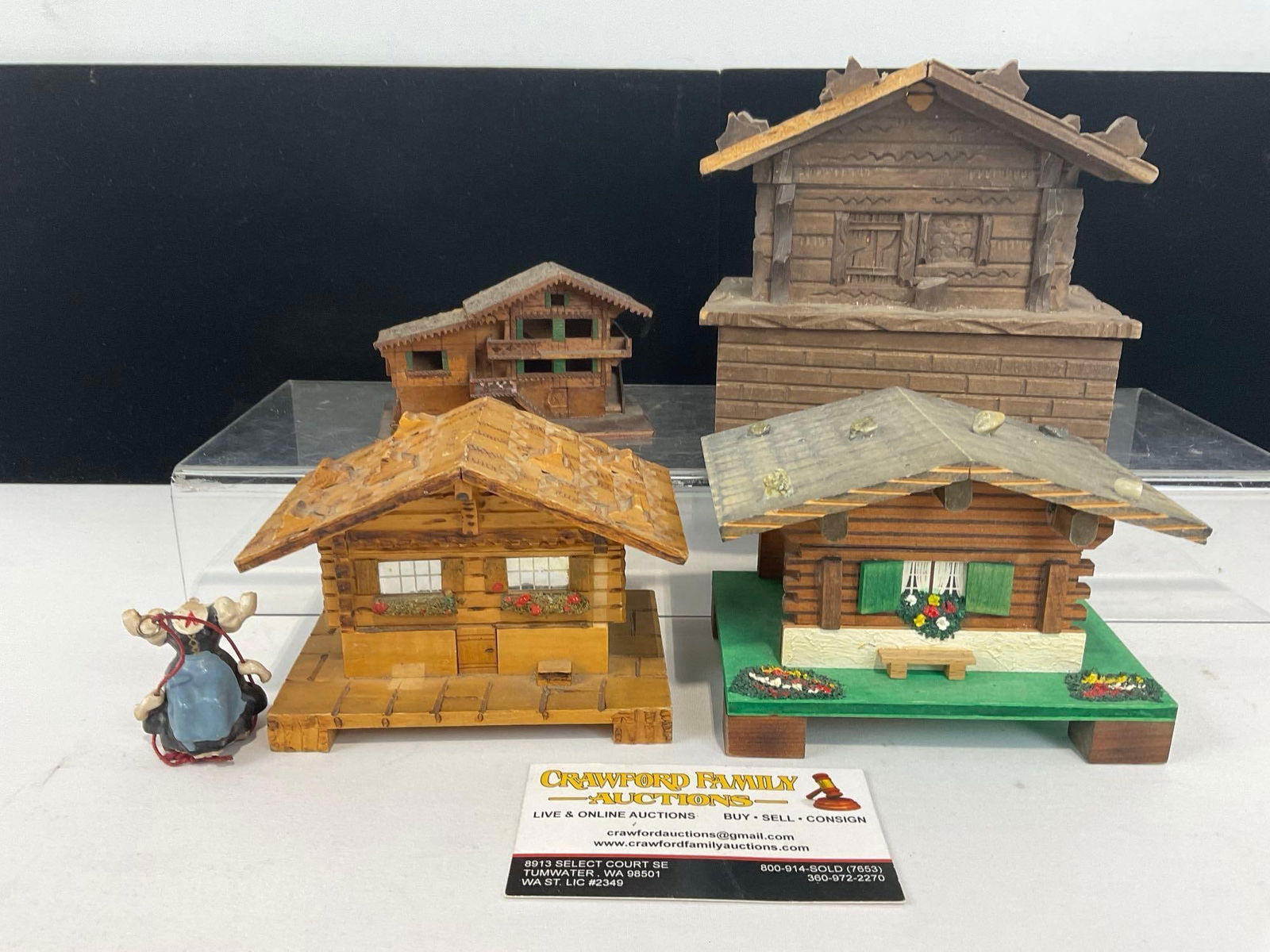 4 Mini Swiss Chalet Figures, 3 Jewelry/Trinket Boxes, Ornate Little models: Appears to be in good shape. The piece measures approx 7h x 9w x 12d inches. See pics. E-4710