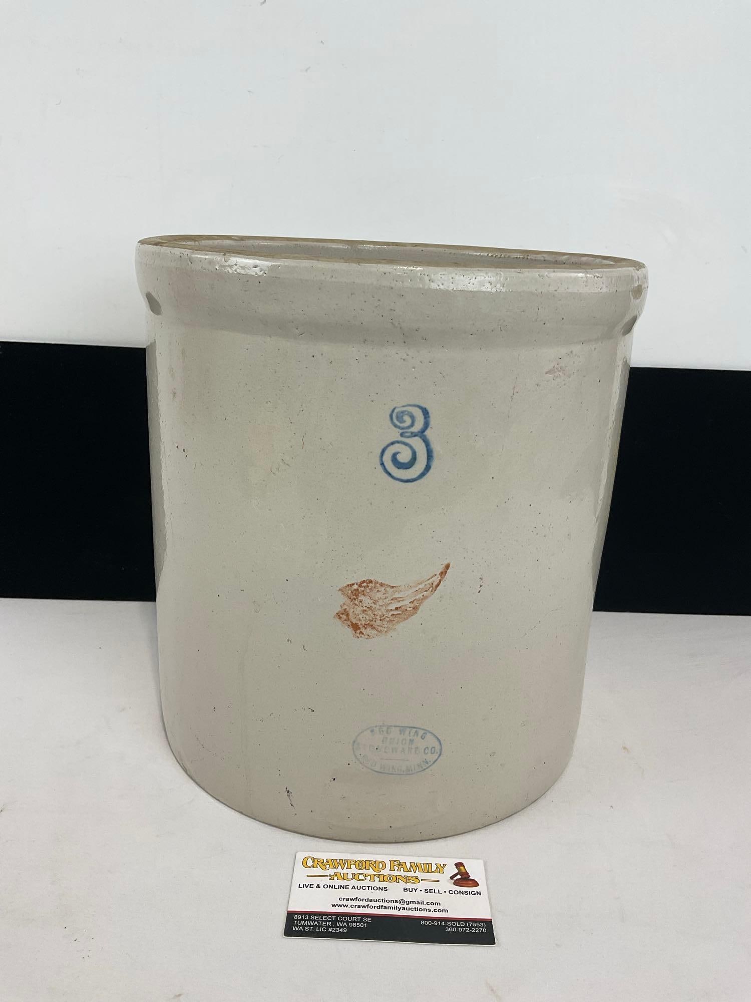 Antique no3 Red Wing Stoneware Crock, 3 Gallon, 12h x 11w x 11d inches: Similar to the next lot. Appears to be in good shape. The piece measures approx 12h x 11w x 11d inches. See pics. E-4710