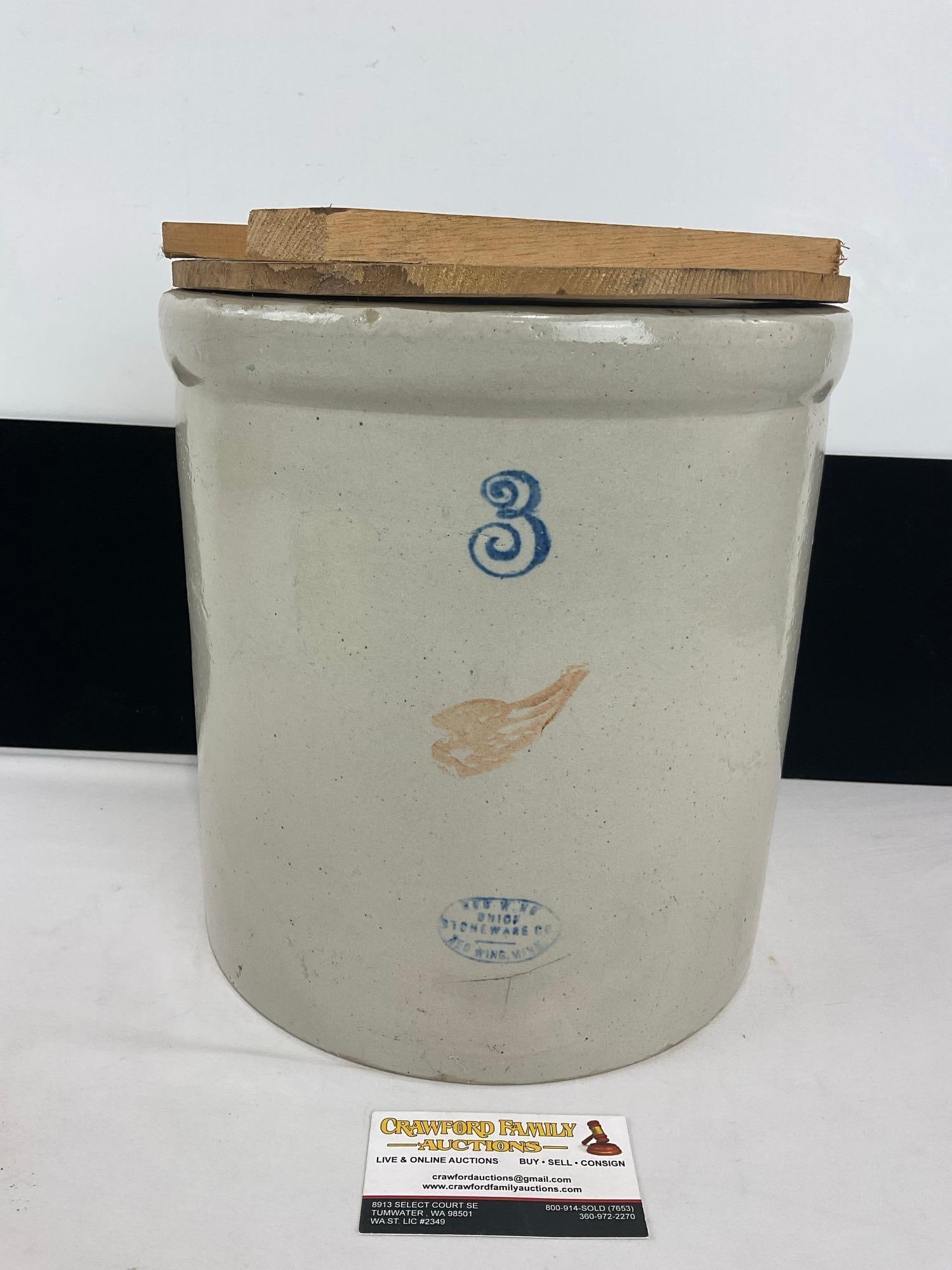 Antique no3 Red Wing Stoneware Crock w/ Lid, 3 Gallon, 12h x 11w x 11d inches: Similar to the last lot. Appears to be in good shape. The piece measures approx 13h x 12w x 12d inches. See pics. E-4710