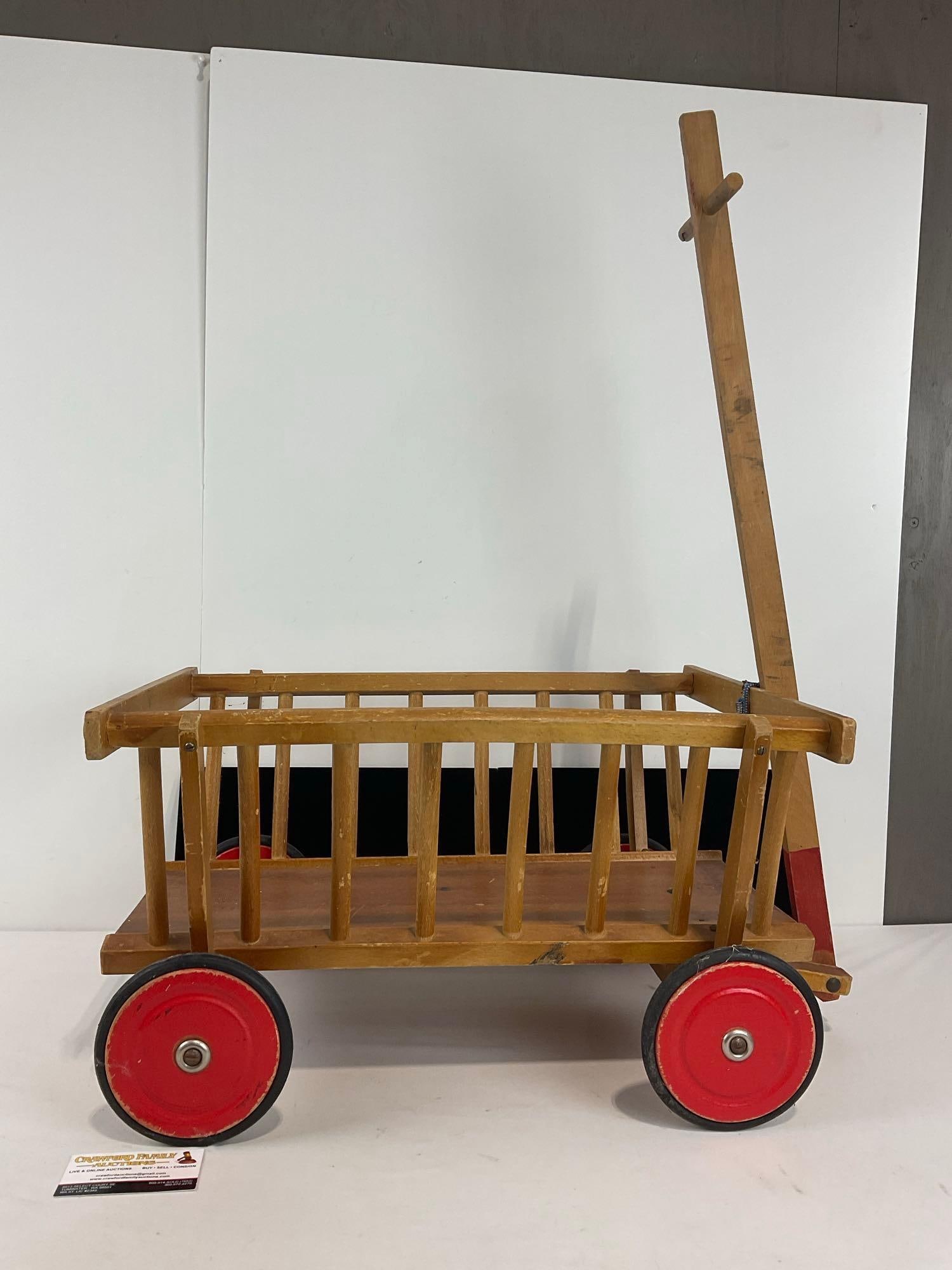 Vintage German Handmade Wagon, Wooden 14h x 24w x 17d inches: Appears to be in good shape. The piece measures approx 14h x 24w x 17d inches. See pics. E-4710 *Oversized shipping may apply*