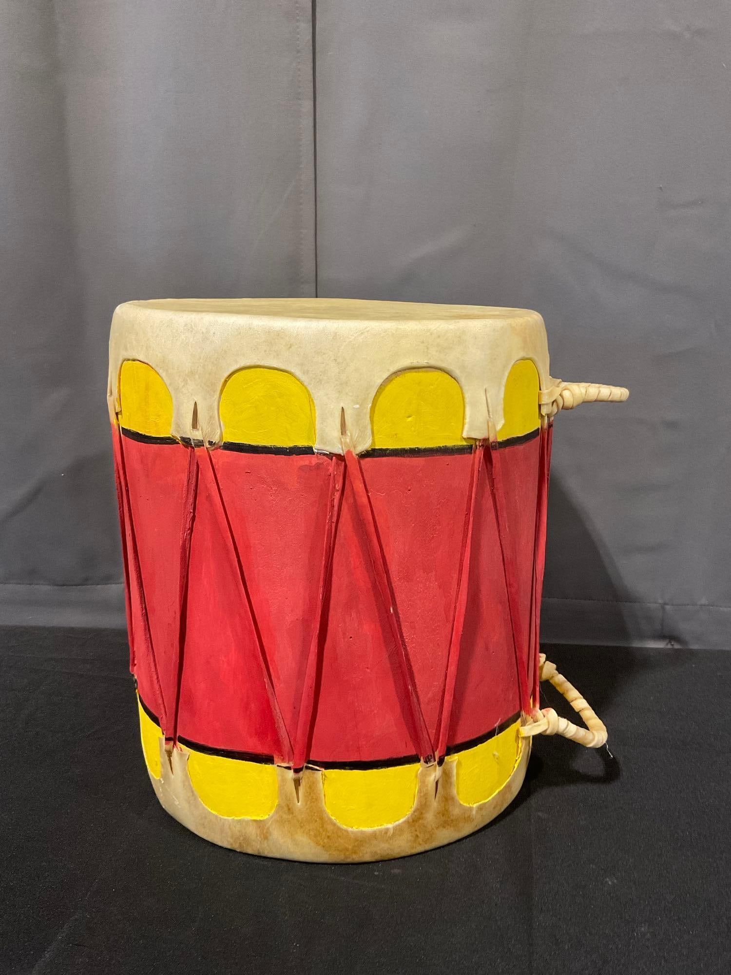 Native American Rawhide Drum, Ceremonial w/ handles, painted Red & Yellow, 15h x 13w x 13d inches (1 of 4)