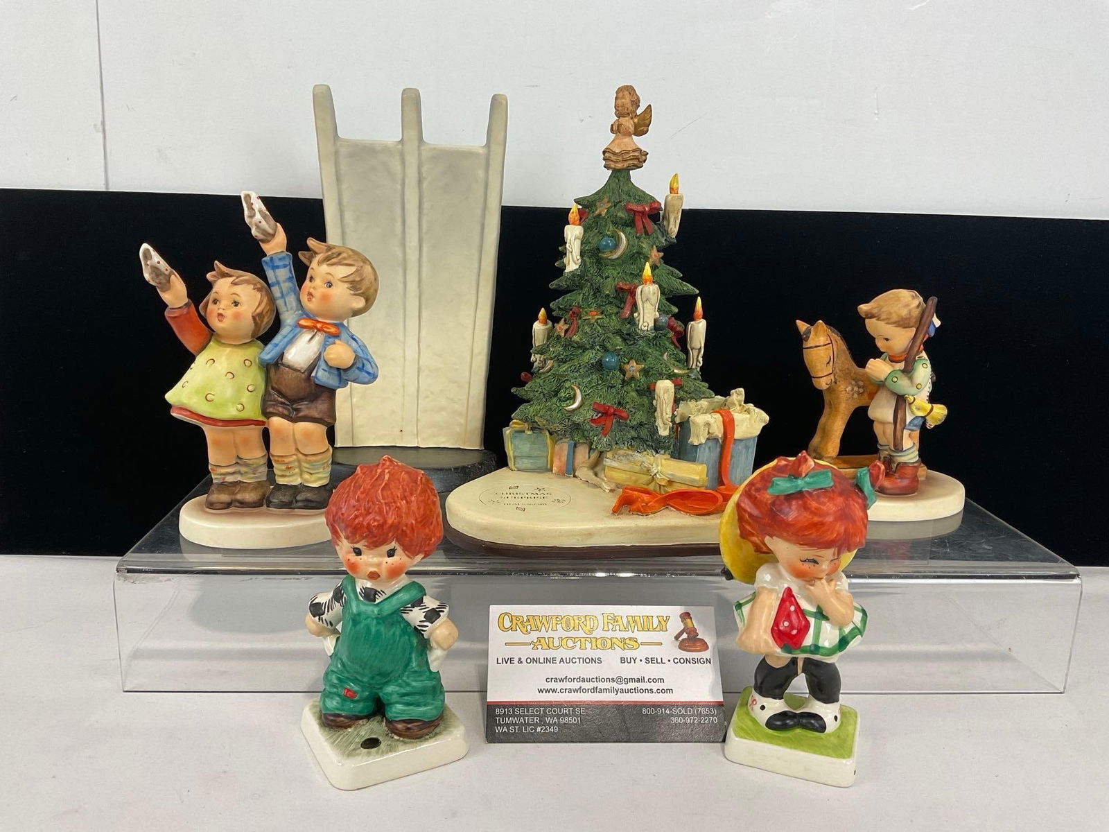6 Hummel Figurines, 1003-D, 153/0, Berlin Airlift, BYJ 4 & 27, Hum 20: Includes Auf Wiedersehen 153/0, Christmas Tree 1003-D, 50th Anniversary of the Berlin Airlift Figurine, Goebel Charlot Byj Redheads figurine titled Plenty of Nothin & Byj 4 Little M