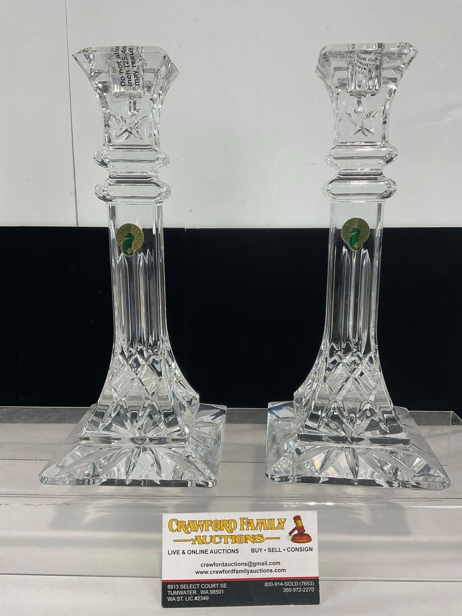 Pair of Waterford Irish Crystal Lismore Pattern 10 inch Candlesticks: Appears to be in good shape. The piece measures approx 11h x 9w x 5d inches. See pics. E-4720