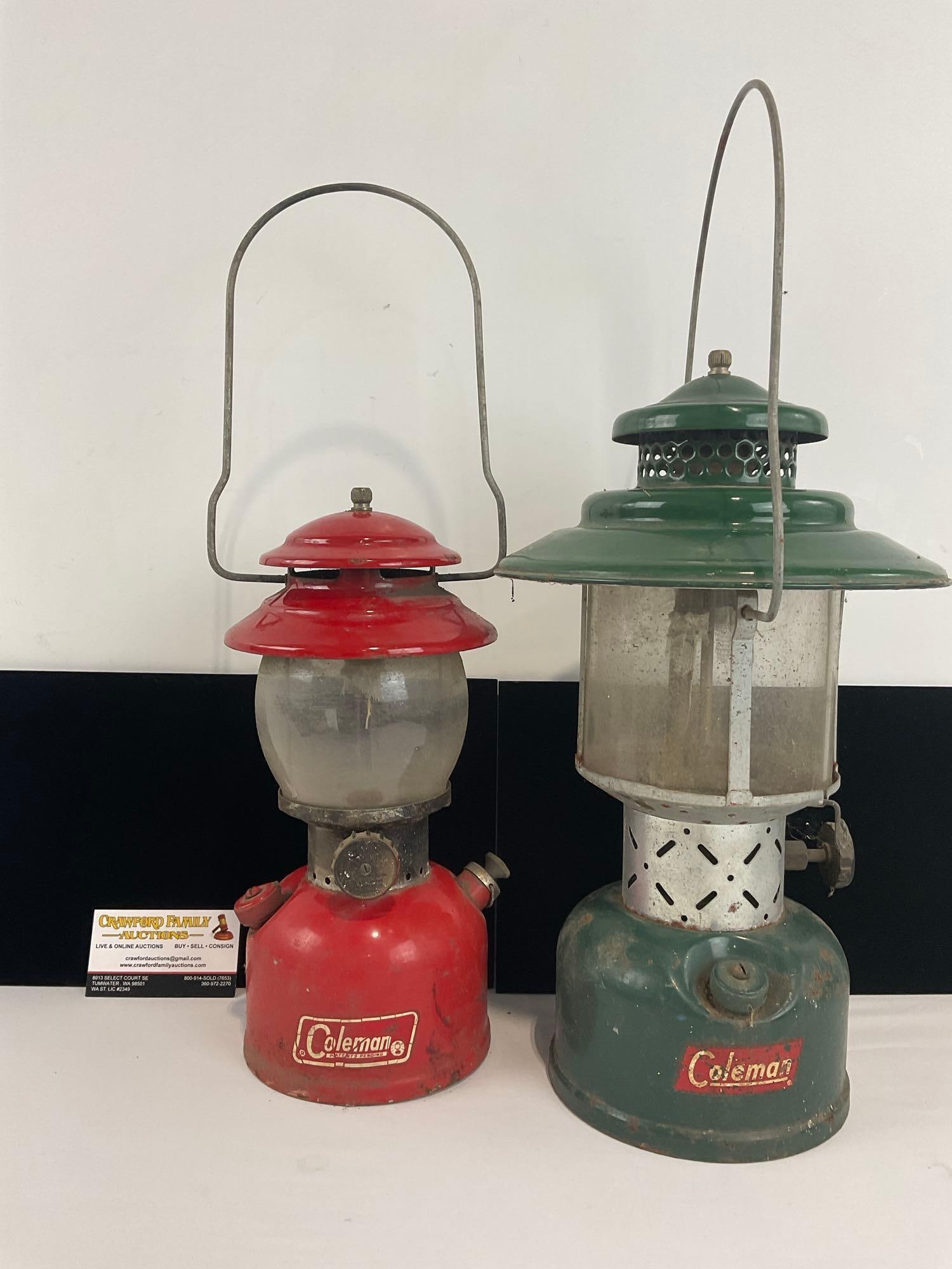 Vintage 1960s-1970s Coleman Lanterns, Globe 200 & Big Hat Dual Mantle 228E: *No shipping, hazardous materials* Appears to be in good shape. The piece measures approx 16h x 16w x 10d inches. See pics. E-4560 *No shipping, hazardous materials*