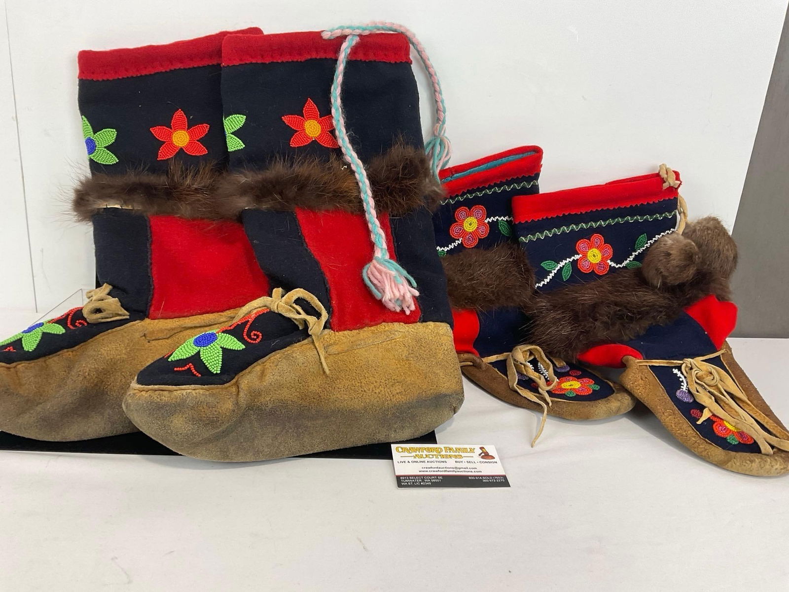 2 pairs of First Nations (Cree?) Native Canadian Moccasins, Fur, Leather & Wool w/ Beaded Details (1 of 6)