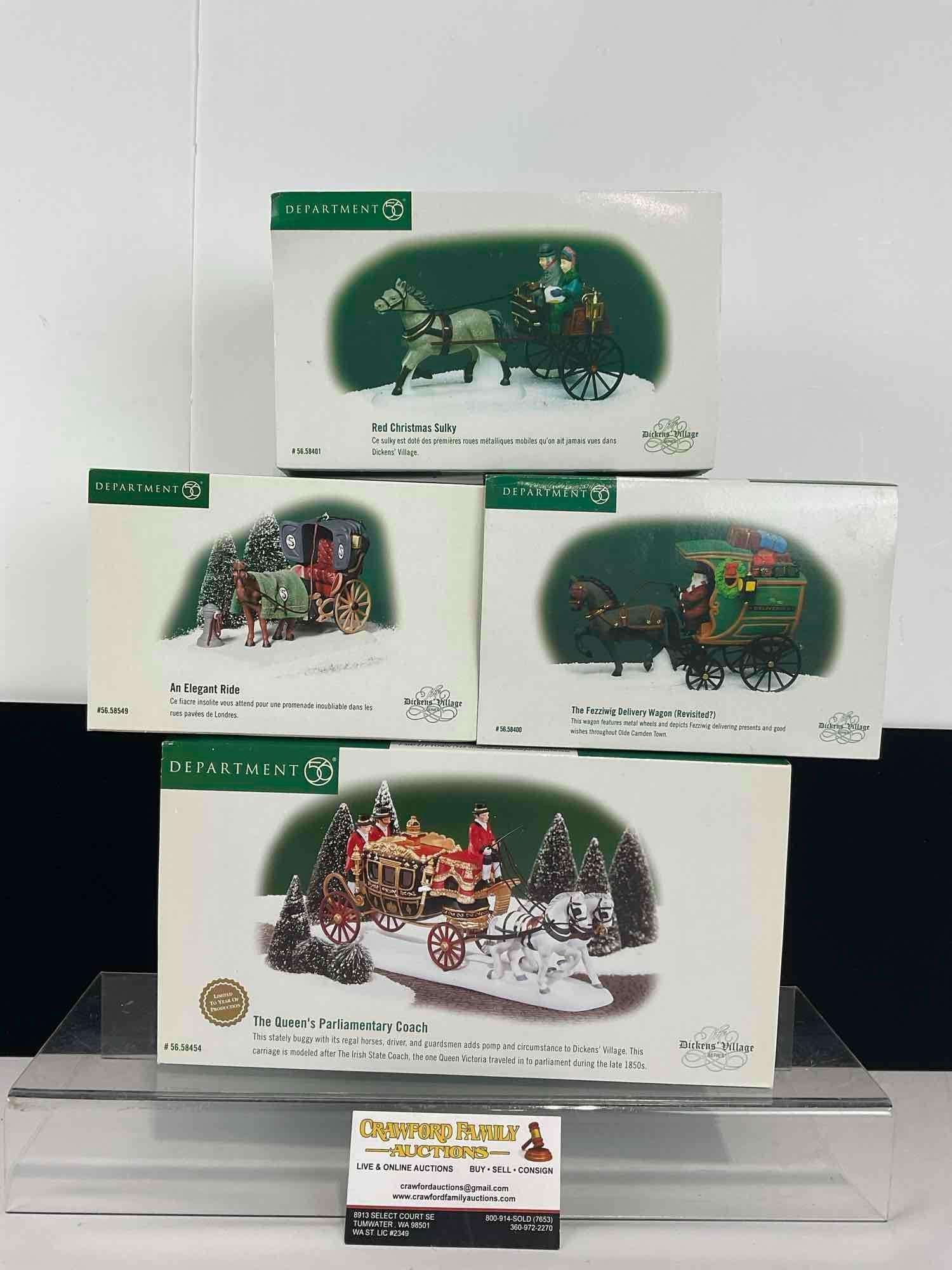 Department 56 Ceramic Horse w/ Carriage in box, Red Christmas, Elegant Ride, Fezziwig & Queens Co...: Appears to be in good shape. The pieces measure approx 9h x 12w x 9d inches. See pics. E-4690