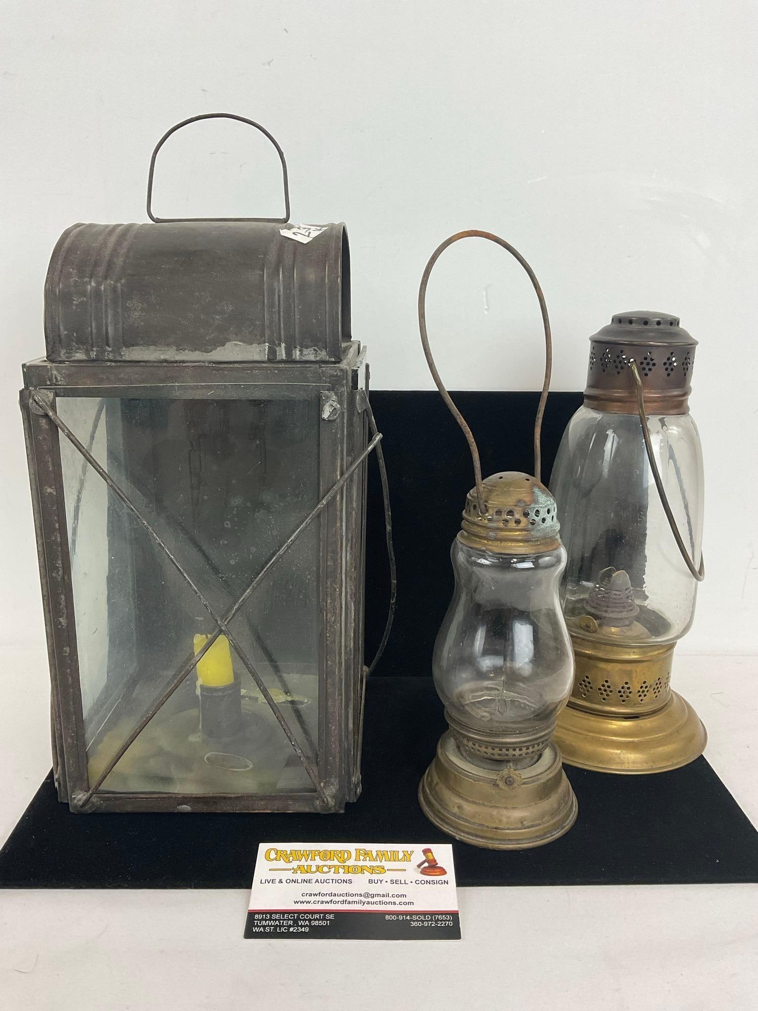 Antique Tin Candle Lantern & Pair of Antique Brass Kerosene Skaters Lanterns, w/ Bail Handles (1 of 4)