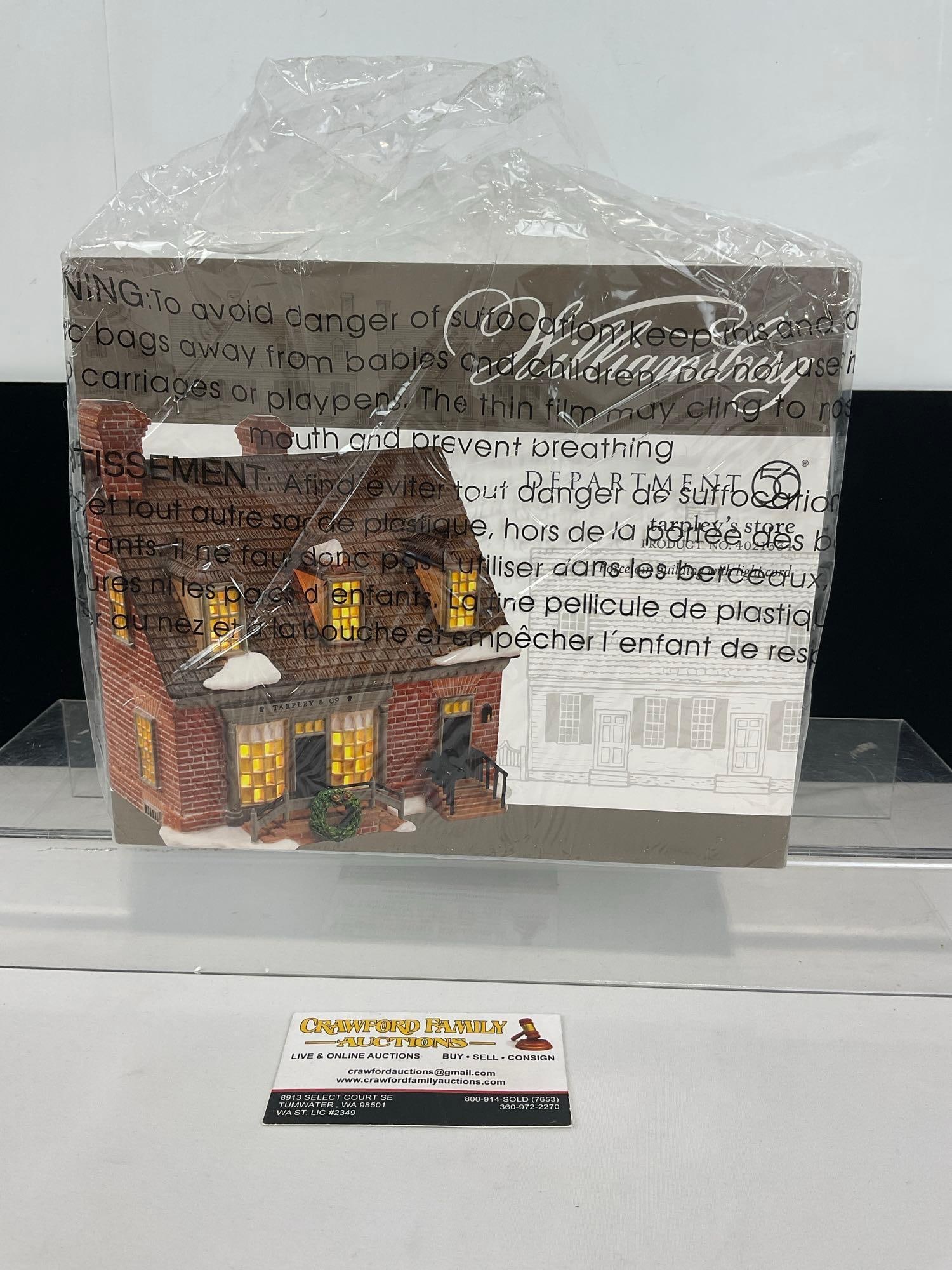 Department 56 Model Building in box, Williamsburg Sealed NIB, Tarpleys Store: Appears to be in good shape. The piece measures approx 8d x 9w x 8d inches. See pics. E-4690
