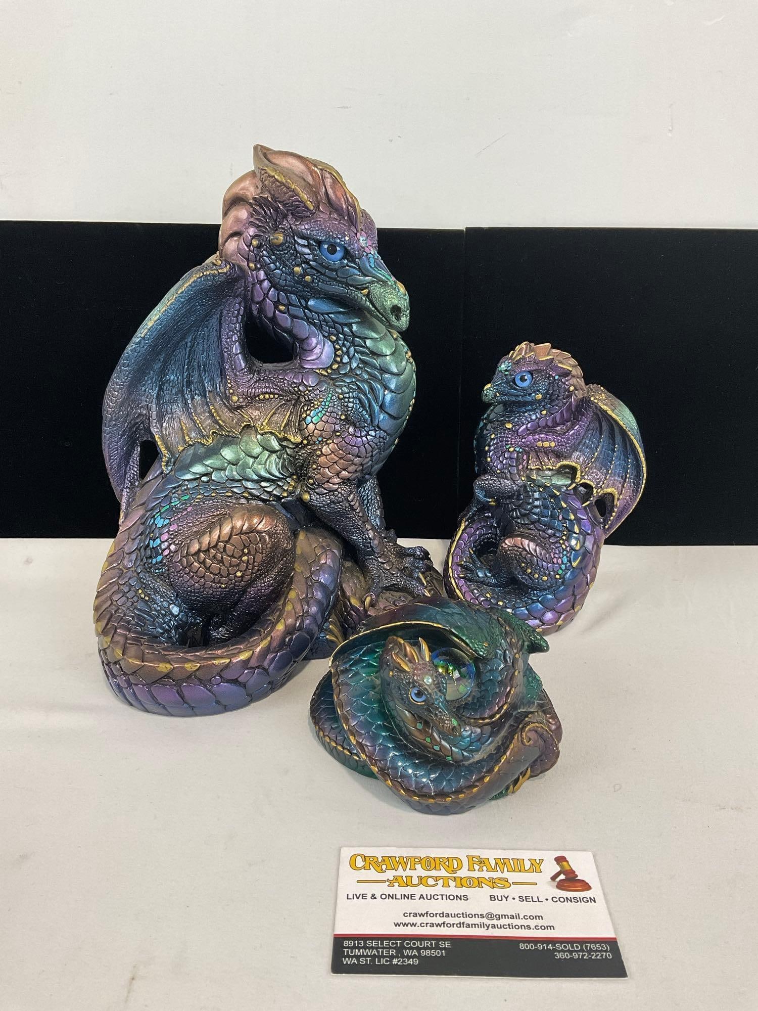 3 Windstone Editions Dragon Figures, Iridescent Finish, Purple/Blue, 11h x 13w x 7d inches (1 of 5)