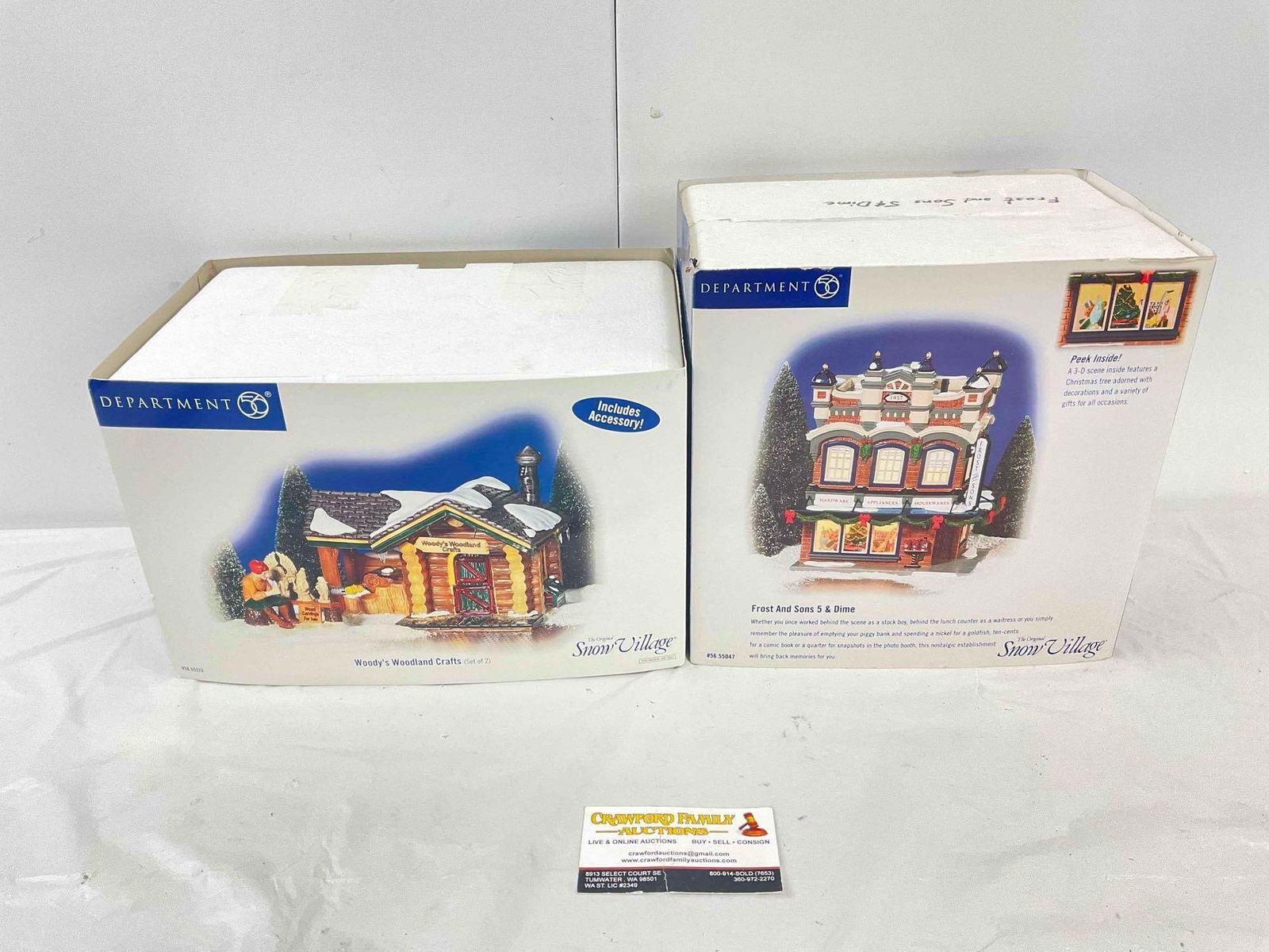 2 pcs LNIB Department 56 Snow Village Ceramic Houses. Excellent Condition. See pics.: 2 pcs LNIB Department 56 Snow Village Ceramic Houses. Excellent Condition. 1x Woody Woodland Crafts & 1x Frost & Sons 5 & Dime. Opened for photographs, still in original packaging, conditi