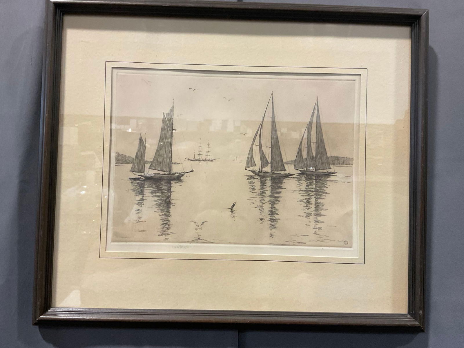 Framed Signed Sears Gallagher Etching, Sailboats on the bay, 14h x 16w x 2d inches (1 of 5)