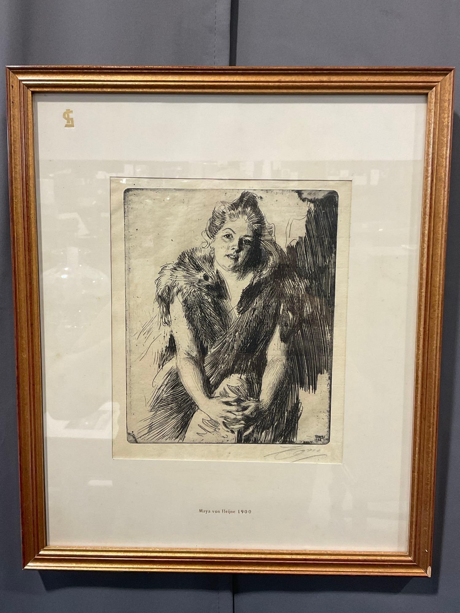 Framed Etching titled Maya von Heijne 1900 by Swedish artist Anders Zorn, 19h x 16w inches (1 of 6)