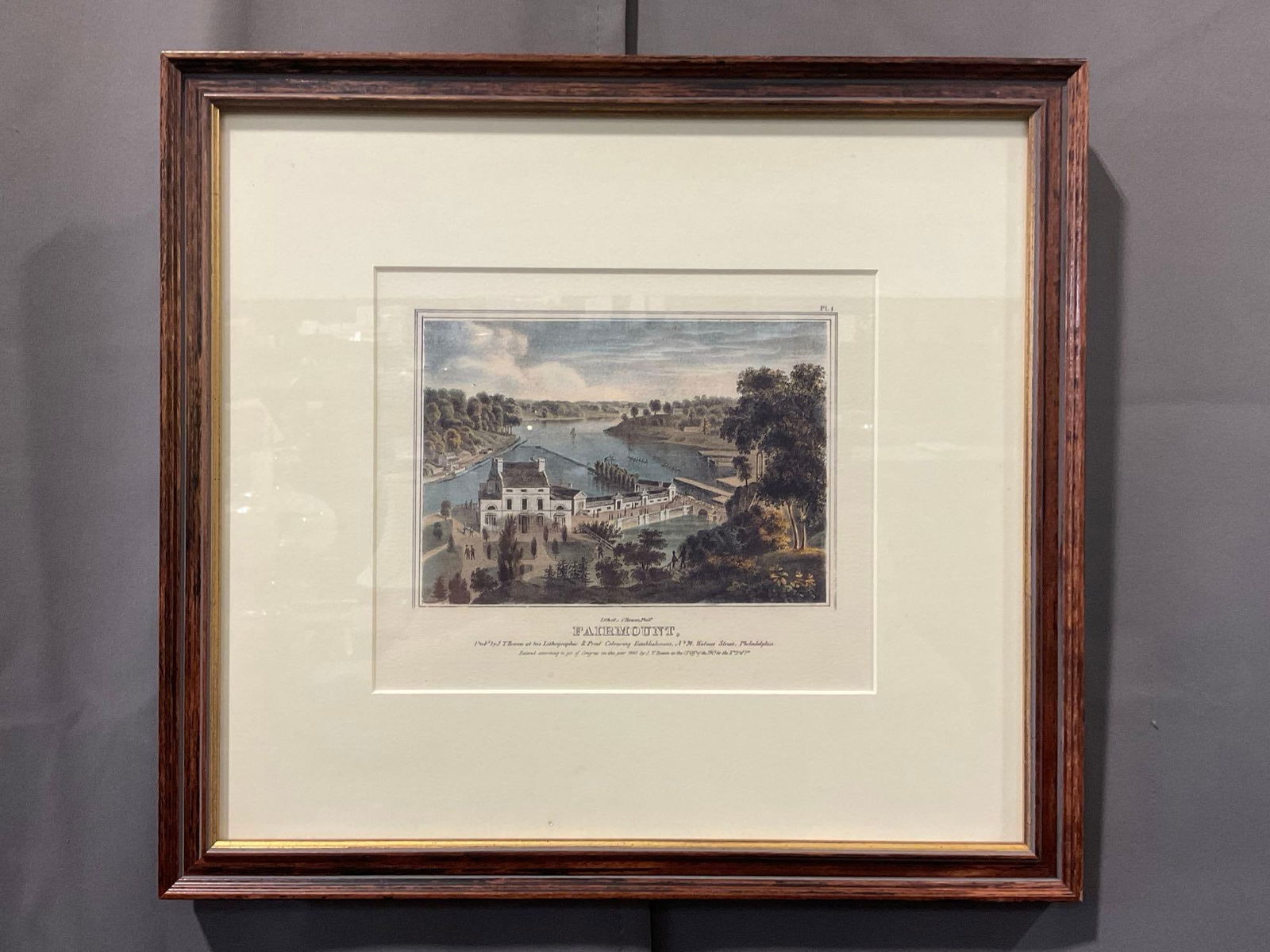 Framed Litho Etching titled Fairmount by P.S. Duval and Son, 17h x 18w x 2d inches: Appears to be in good shape. The outside dimensions measure approx 17h x 18w x 2d inches. see pics. E-4800