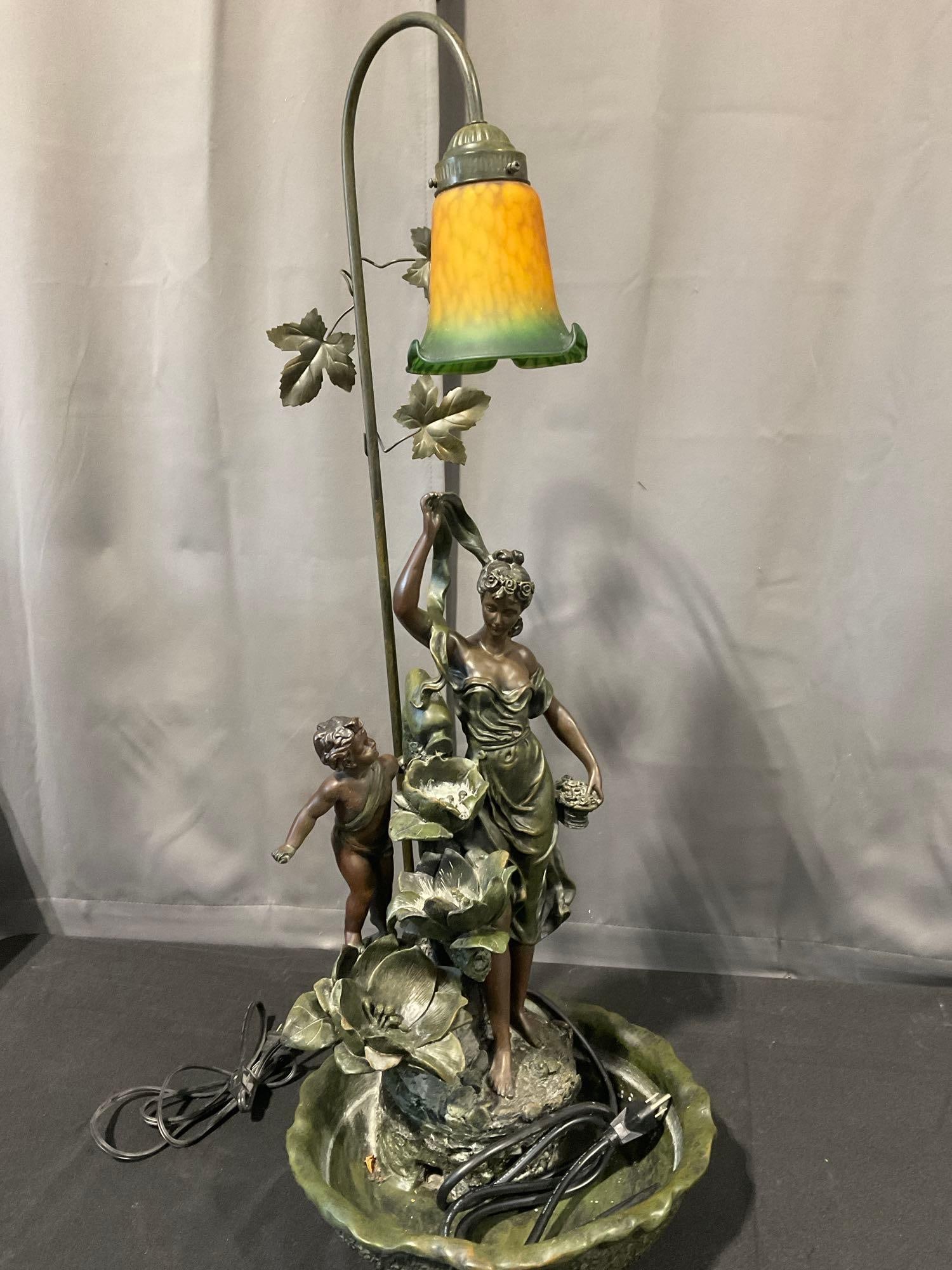 Bronzed Resin, Art Nouveau style Fountain w/ Ombre Glass Shade Lamp, approx 36h x 14w x 15d inches: Appears to be in good shape. The piece measures approx 36h x 14w x 15d inches. See pics. E-4730 *Freight Required if shipped*