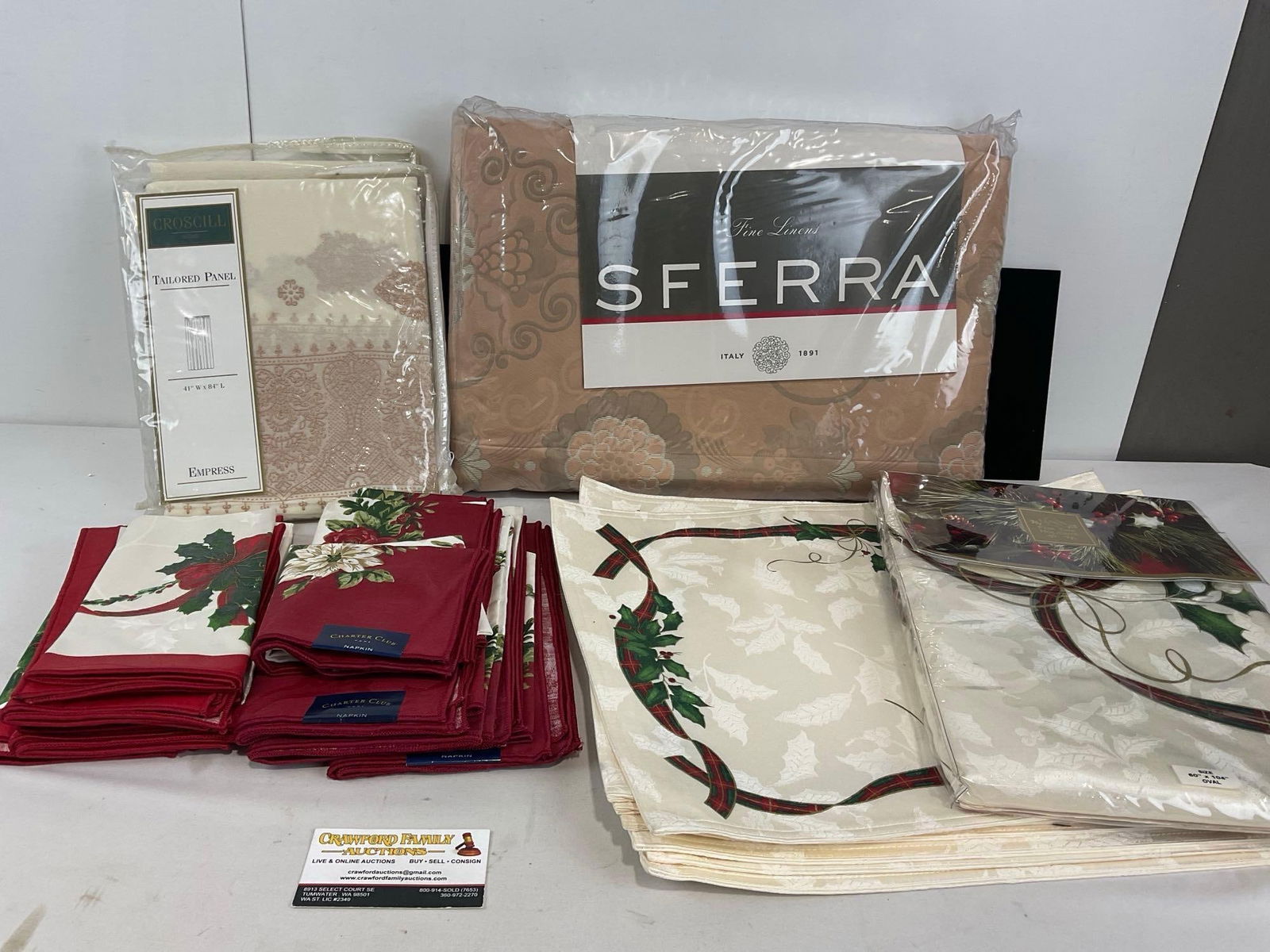Charter Club Napkins, Lenox Placemats, Croscill pair of Curtain Panels, Sferra Linens: Appears to be in good shape. The piece measures approx 8h x 24w x 17d inches. See pics. E-4720