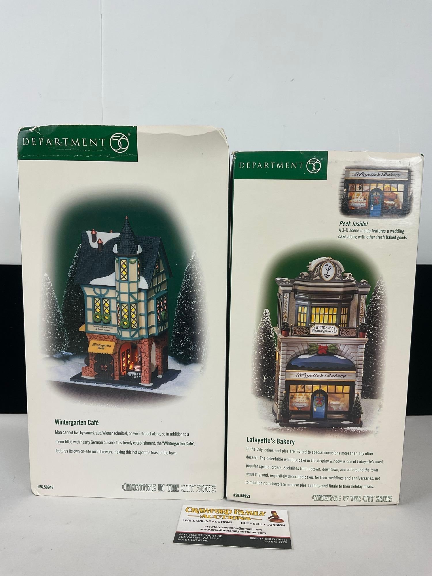 Department 56 Ceramic Buildings, Wintergarten Cafe & Lafayettes Bakery, Christmas in the City: Appears to be in good shape. The piece measures approx 13h x 8w x 13d inches. See pics. E-4690