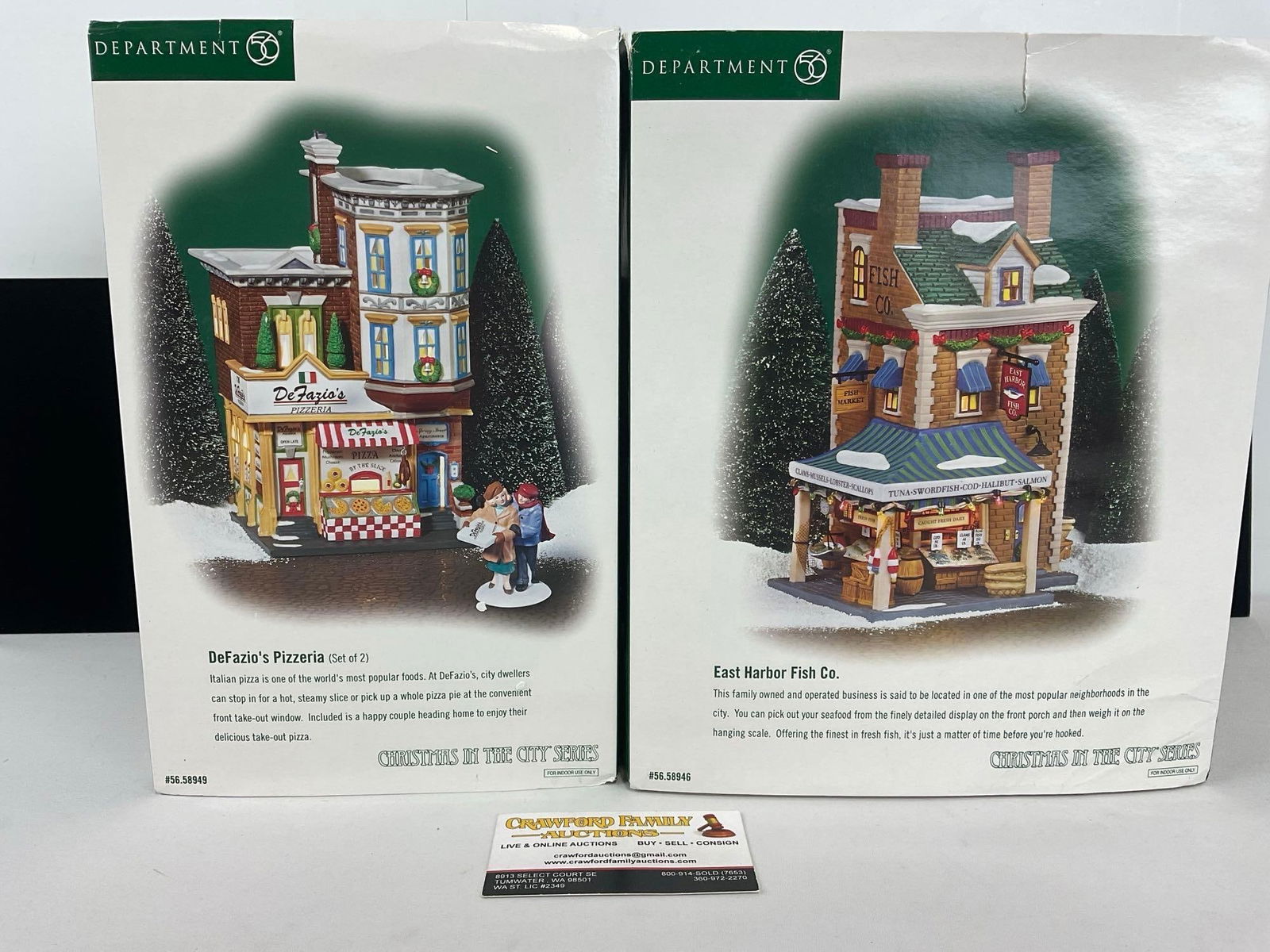 Department 56 Ceramic Buildings, DeFazios Pizzeria & East Harbor Fish Co, Christmas in the City: Appears to be in good shape. The piece measures approx 15h x 10w x 17d inches. See pics. E-4690