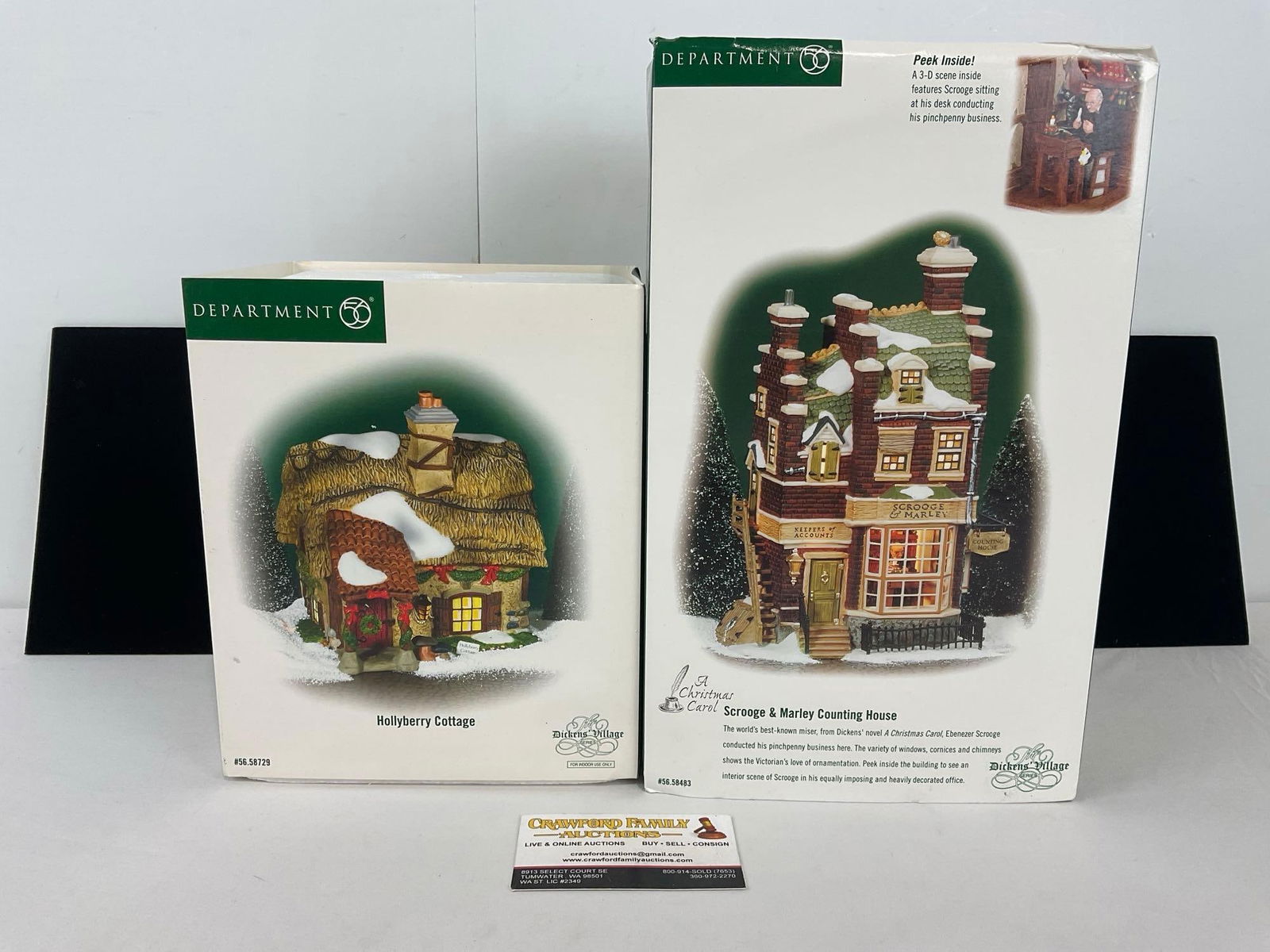 Department 56 Ceramic Dickens Buildings, Hollyberry Cottage + Scrooge & Marley Counting House: Appears to be in good shape. The piece measures approx 13h x 9w x 14d inches. See pics. E-4690
