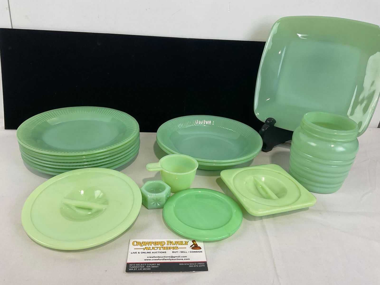 Vintage Jadeite Fire King Anchor Hocking, 2 bowls, 7 dinner plates, 3 lids w/ no bottoms, & more: Includes: Jadeite Fire King Anchor Hocking, 2 bowls, 7 dinner plates, 3 lids w/ no bottoms, 1 salt well, 2 oz measuring cup, jar w/ no lid & square plate. Appears to be in good shape. The pieces t