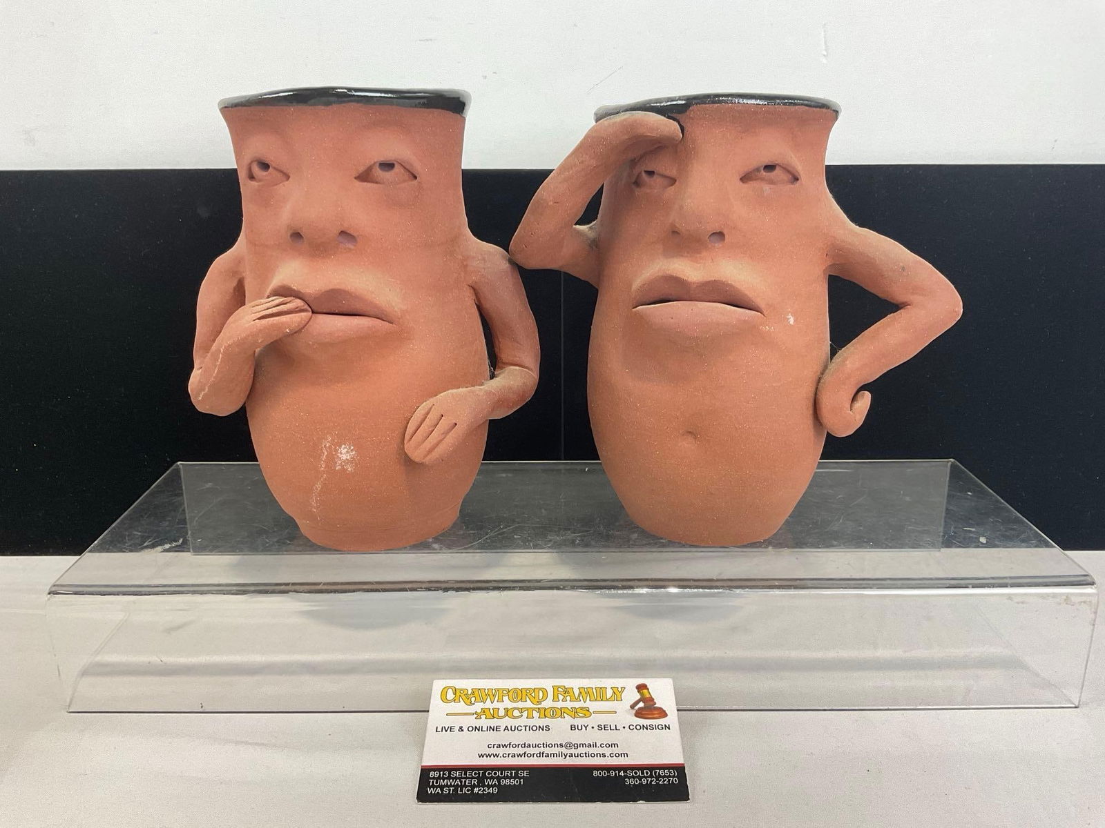 Pair of Signed Fontaine Figural Humanoid Clay Pots, w/ black glaze inside, 8h x 10w x 7d inches (1 of 6)