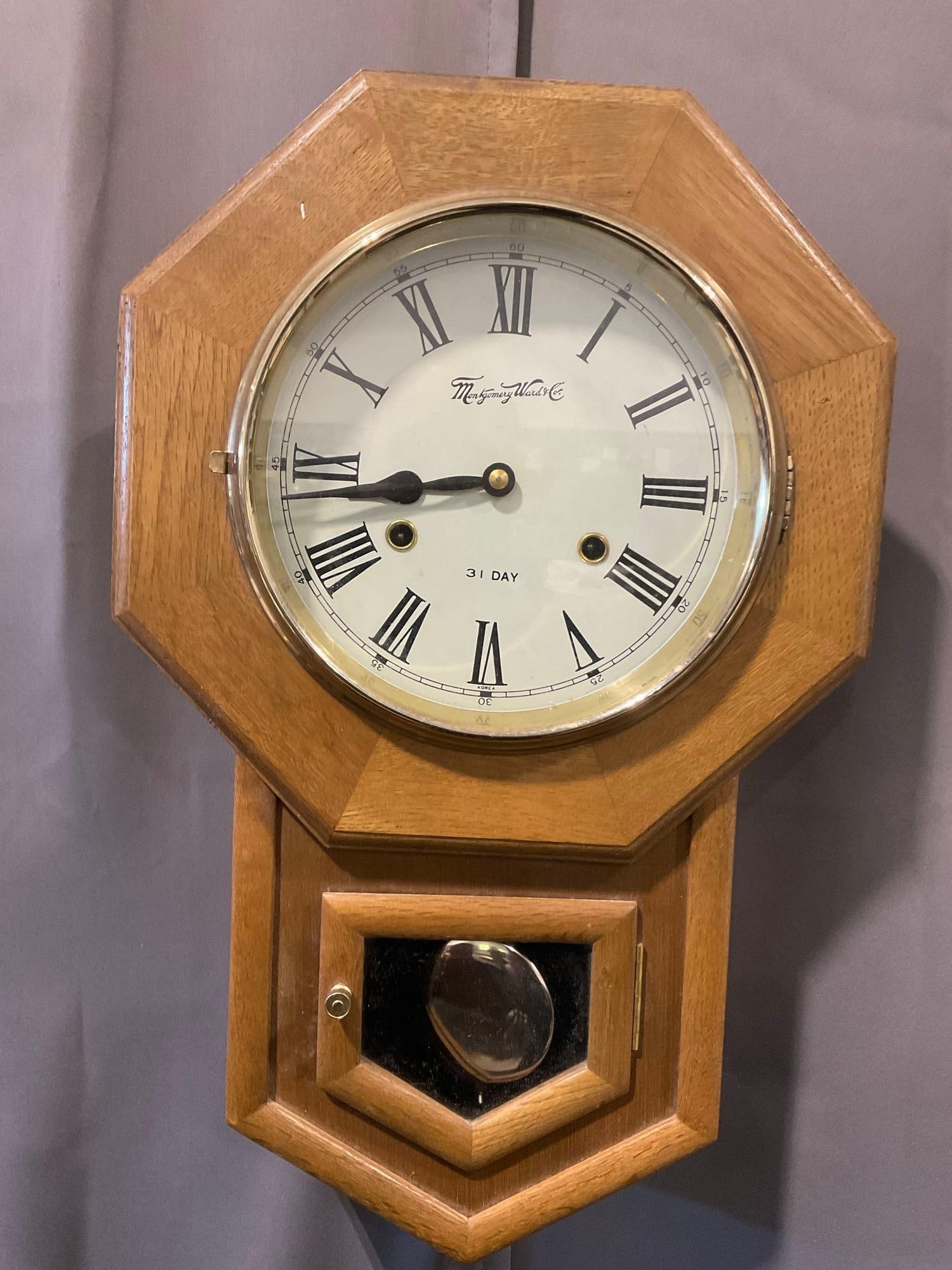 Antique Montgomery Ward 31 Day Time Strike Regulator Wall Clock: Appears to be in good shape. The piece measures approx 20h x 14w x 6d inches. See pics. E-4950
