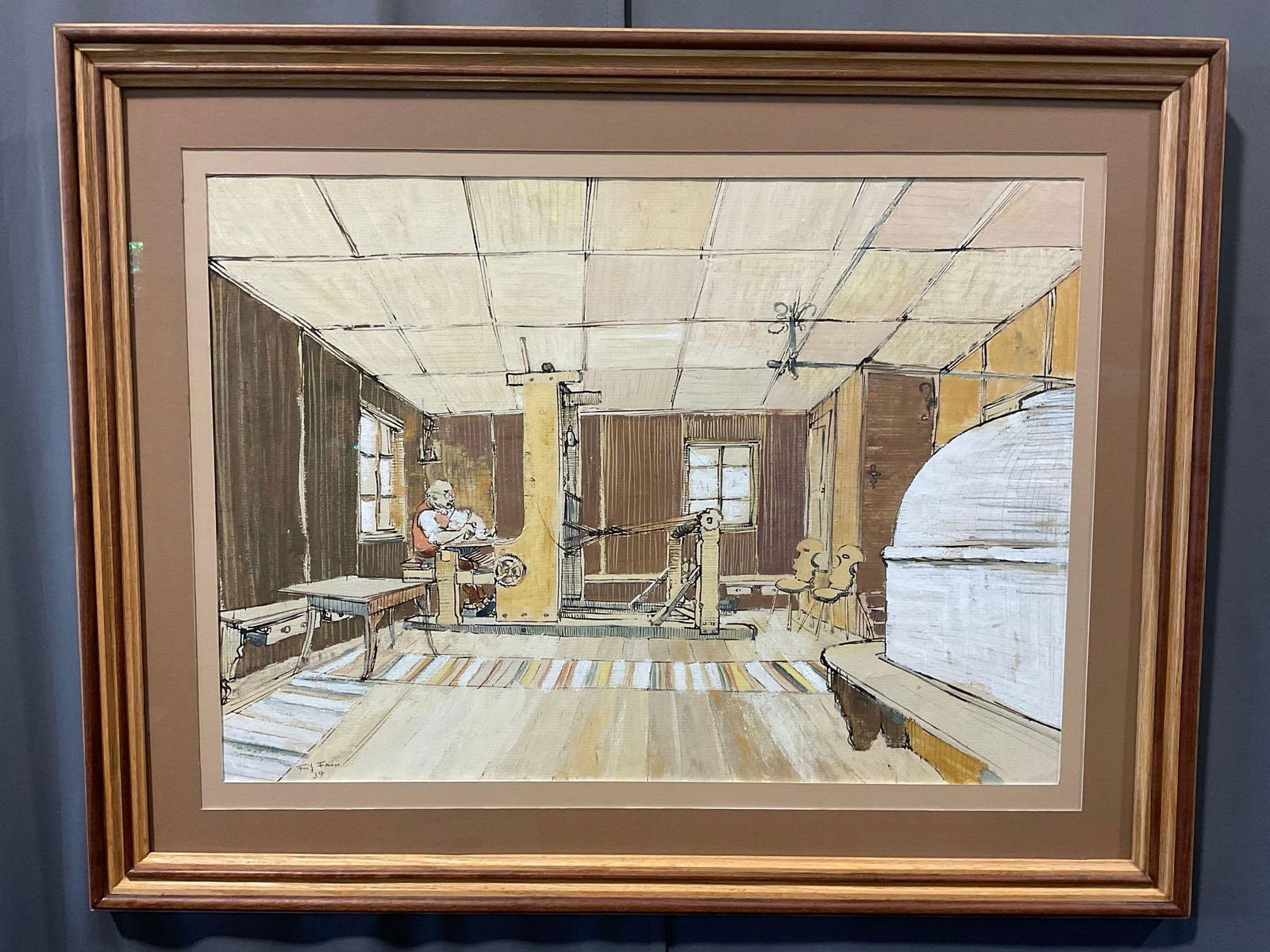 Framed Signed Original Painting titled The Workshop by Fritz Faiss, approx 30h x 37w x 3d inches (1 of 5)