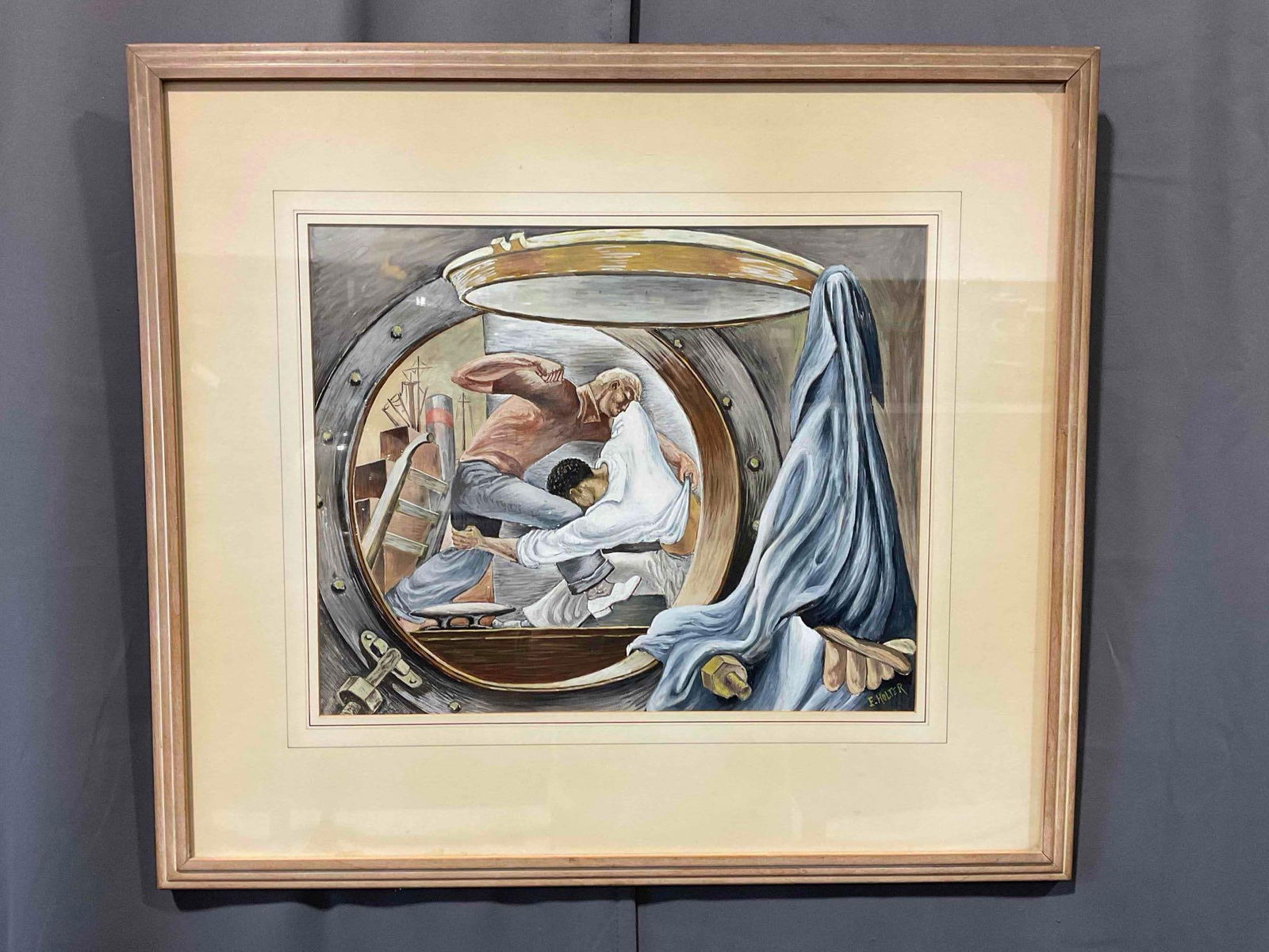 Framed Homage Painting to Fletcher Martin's "Trouble in Frisco". Signed E. Holter. See pics.: Framed Homage Painting to Fletcher Martin's "Trouble in Frisco". Signed E. Holter. In wooden frame with custom matting & glass pane. Minor wear, condition is otherwise very good. Measures 27" x 24