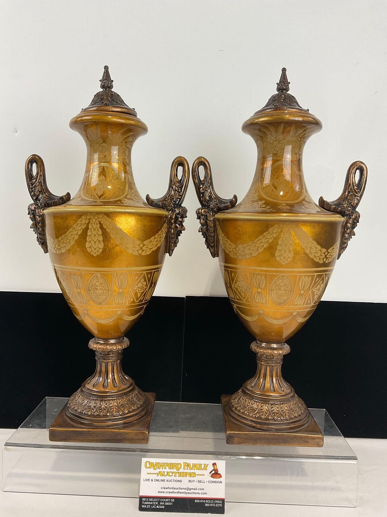 Roman Style Pair of Lidded Urns, Metallic Gold Finish, Bronze Tone Details, 16 inches tall (1 of 5)