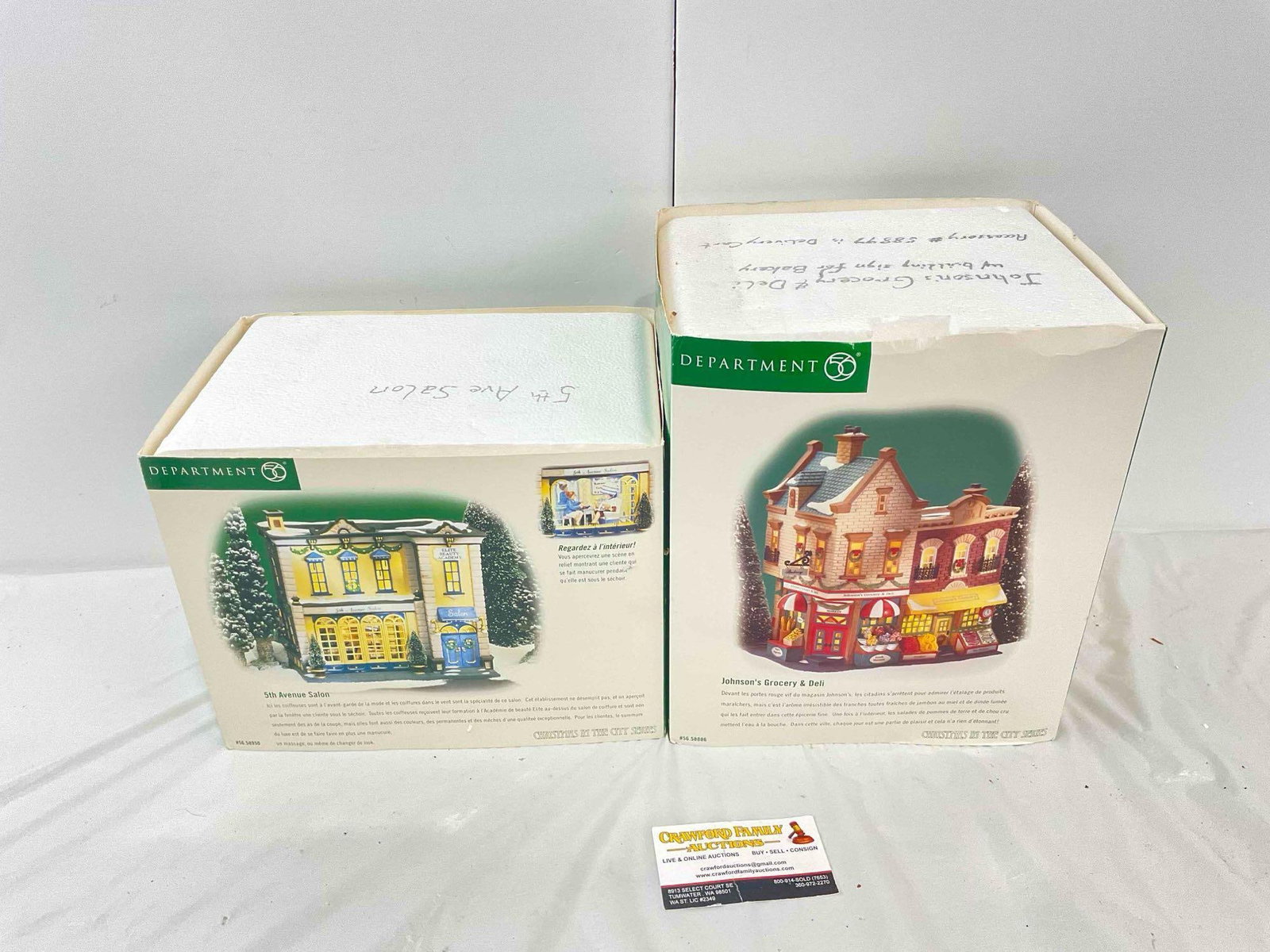2 pcs LNIB Department 56 Heritage Village Ceramic Houses. Excellent Condition. See pics.: 2 pcs LNIB Department 56 Heritage Village Ceramic Houses. Excellent Condition. Includes 5th avenue salon & Johnson's grocery & deli. Opened for photos, still in original packaging, condition i