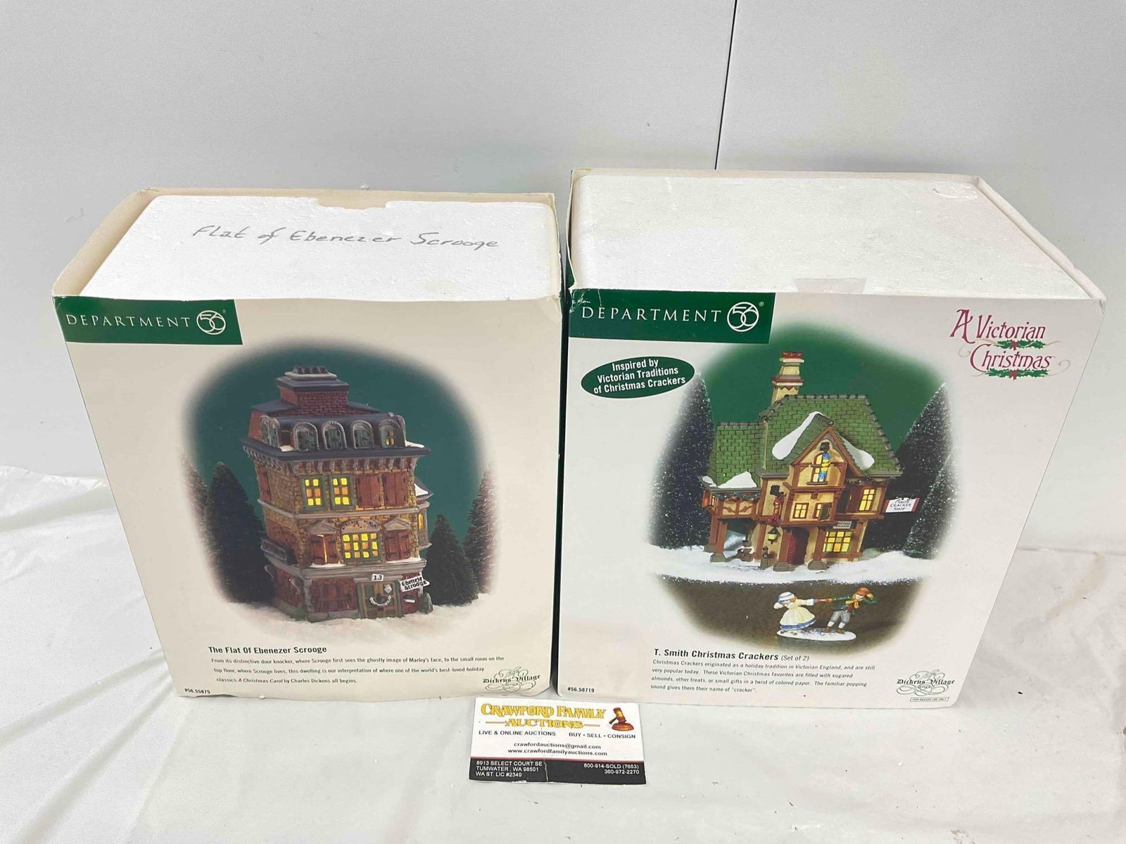 2 pcs LNIB Department 56 Dickens' Village Series Ceramic Houses. Excellent Condition. See pics.: 2 pcs LNIB Department 56 Dickens' Village Series Ceramic Houses. Excellent Condition. Includes the Flat of Ebenezer Scrooge & T. smith Christmas Crackers & Popping the Cracker Accessory. Opene