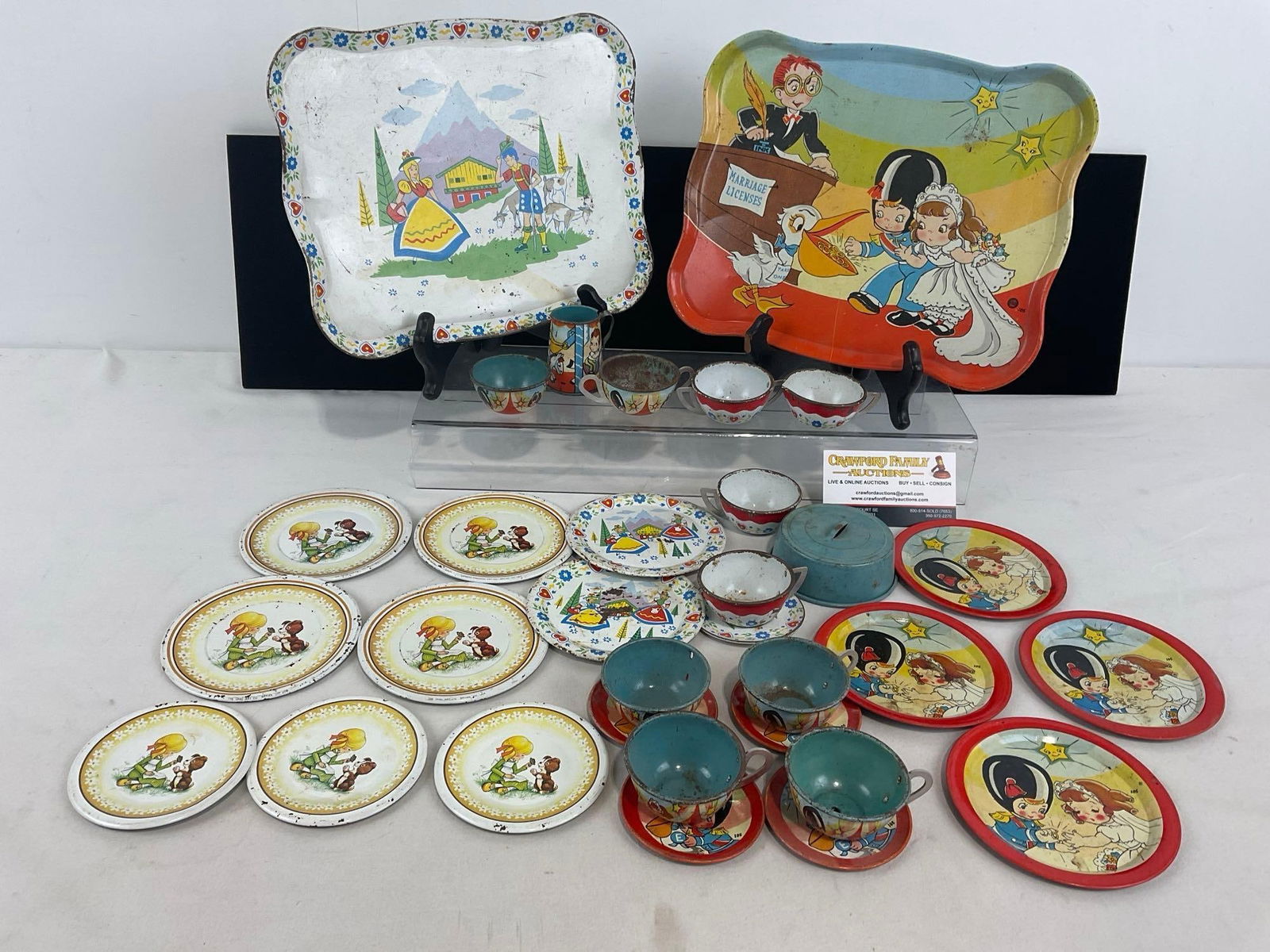 Vintage Tin Mini Tea Cups, Saucers, Platters, Plates, & more, 31 pcs: Appears to be in fair to good shape, missing some finish. The piece measures approx 5h x 12w x 9d inches. See pics. E-4600