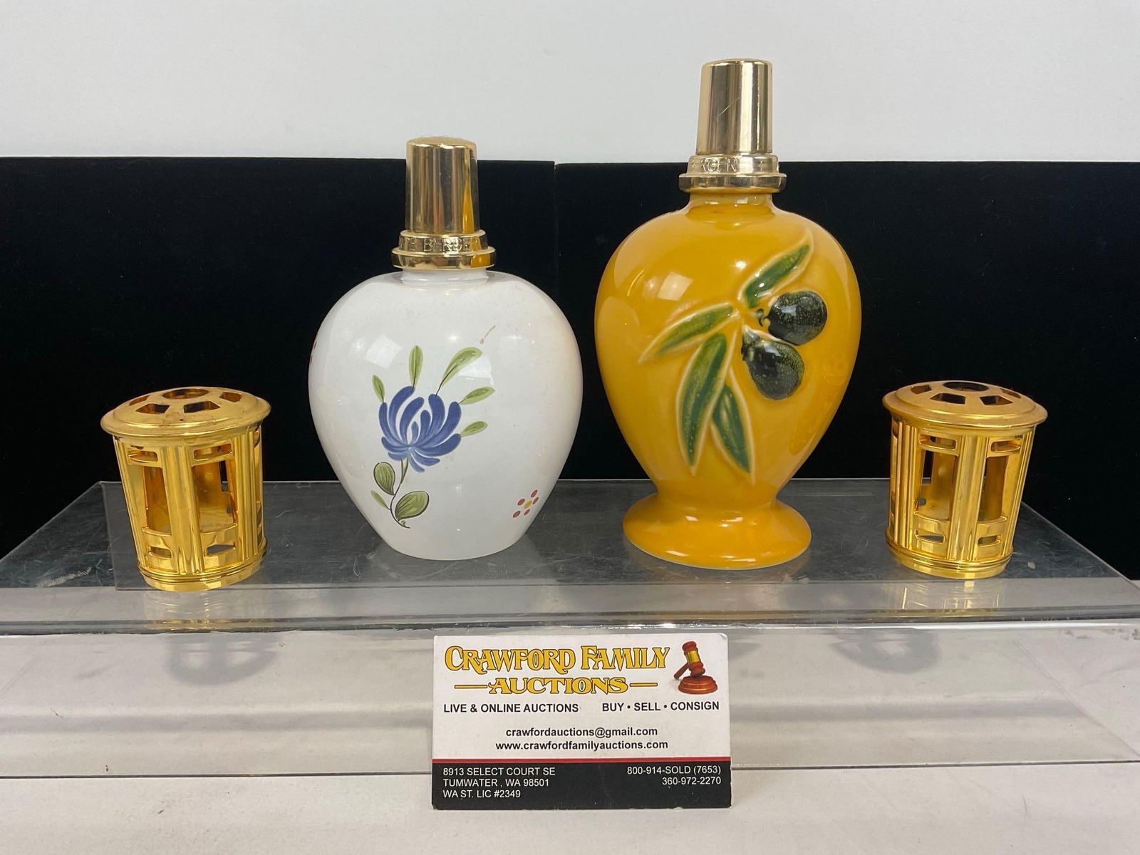 Pair of Vintage Lampe Berger Catalytic Fragrance Lamps, Olive & Floral, w/ gold tone metal covers: Appears to be in good shape. The piece measures approx 8h x 8w x 5d inches. See pics. E-4780