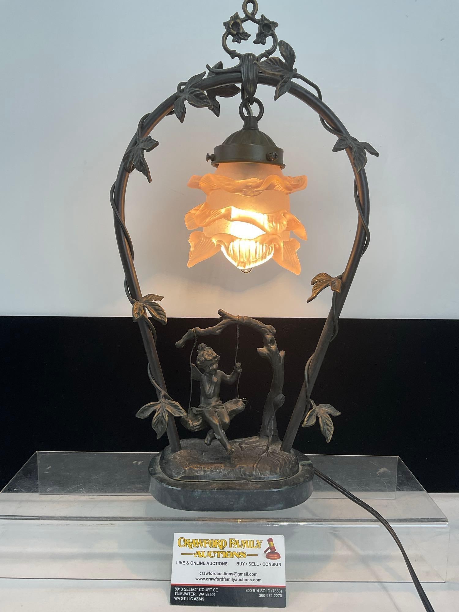 Signed Cast Metal Lamp, Pink Rose Globe, Girl on Swing, 17h x 10w x 6d inches (1 of 6)