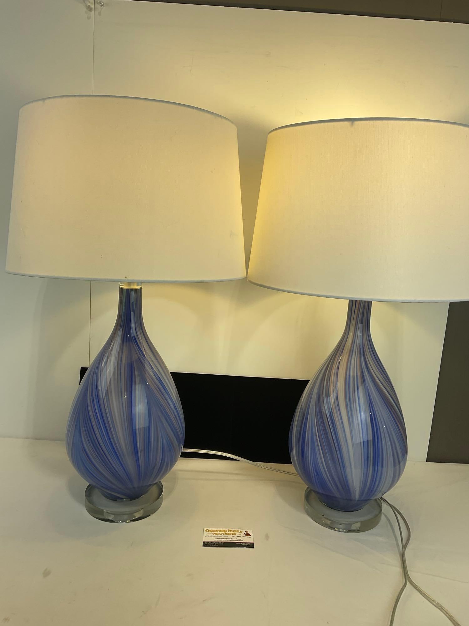 Pair of Handblown Glass Lamps, Blue/Clear bases, 30h x 15w x 15d inches, tested & working (1 of 6)