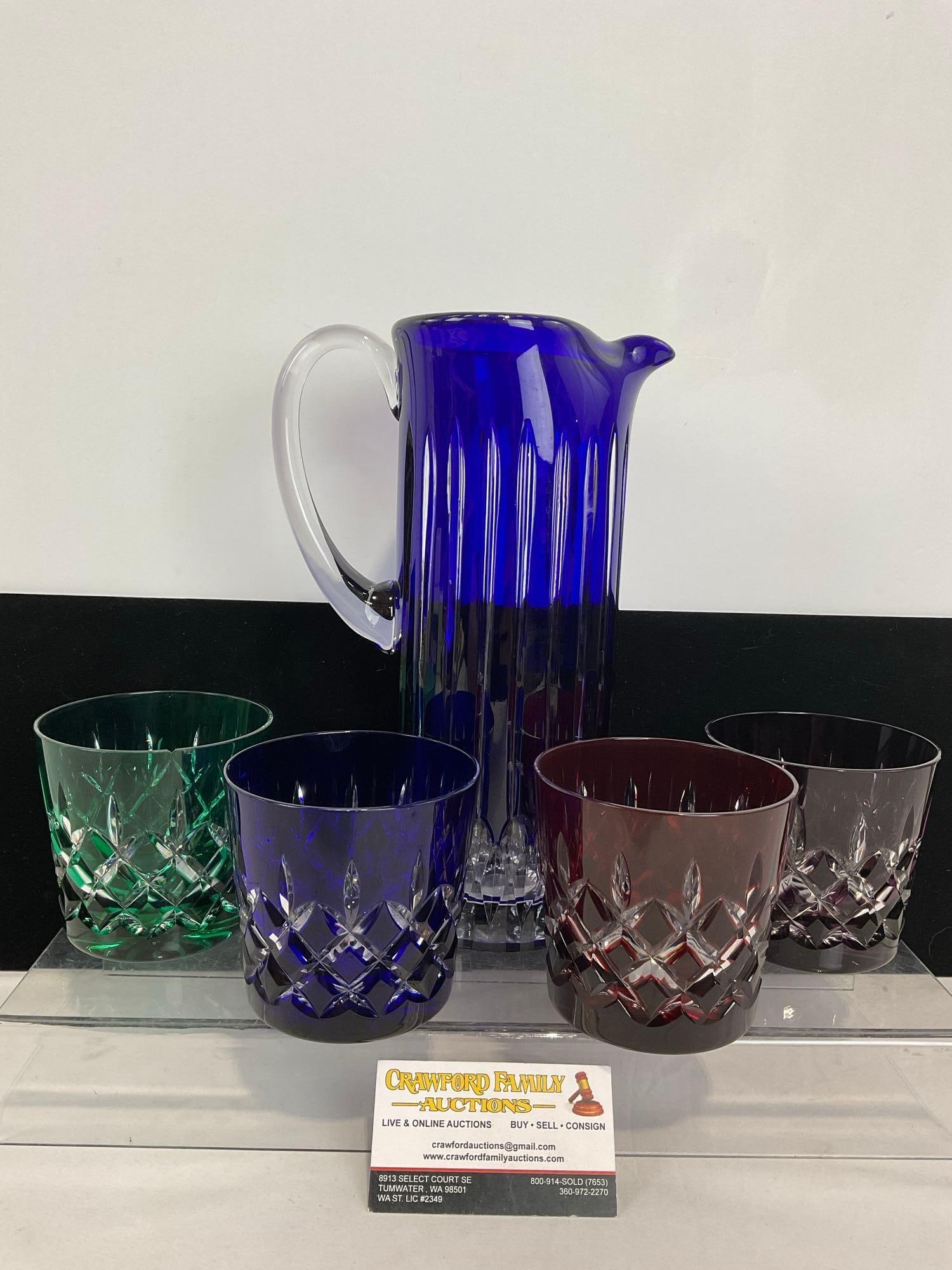 4 Etched Art Glass Multicolor Ajka Hungarian Leaded Crystal Glasses, & Pitcher (1 of 6)