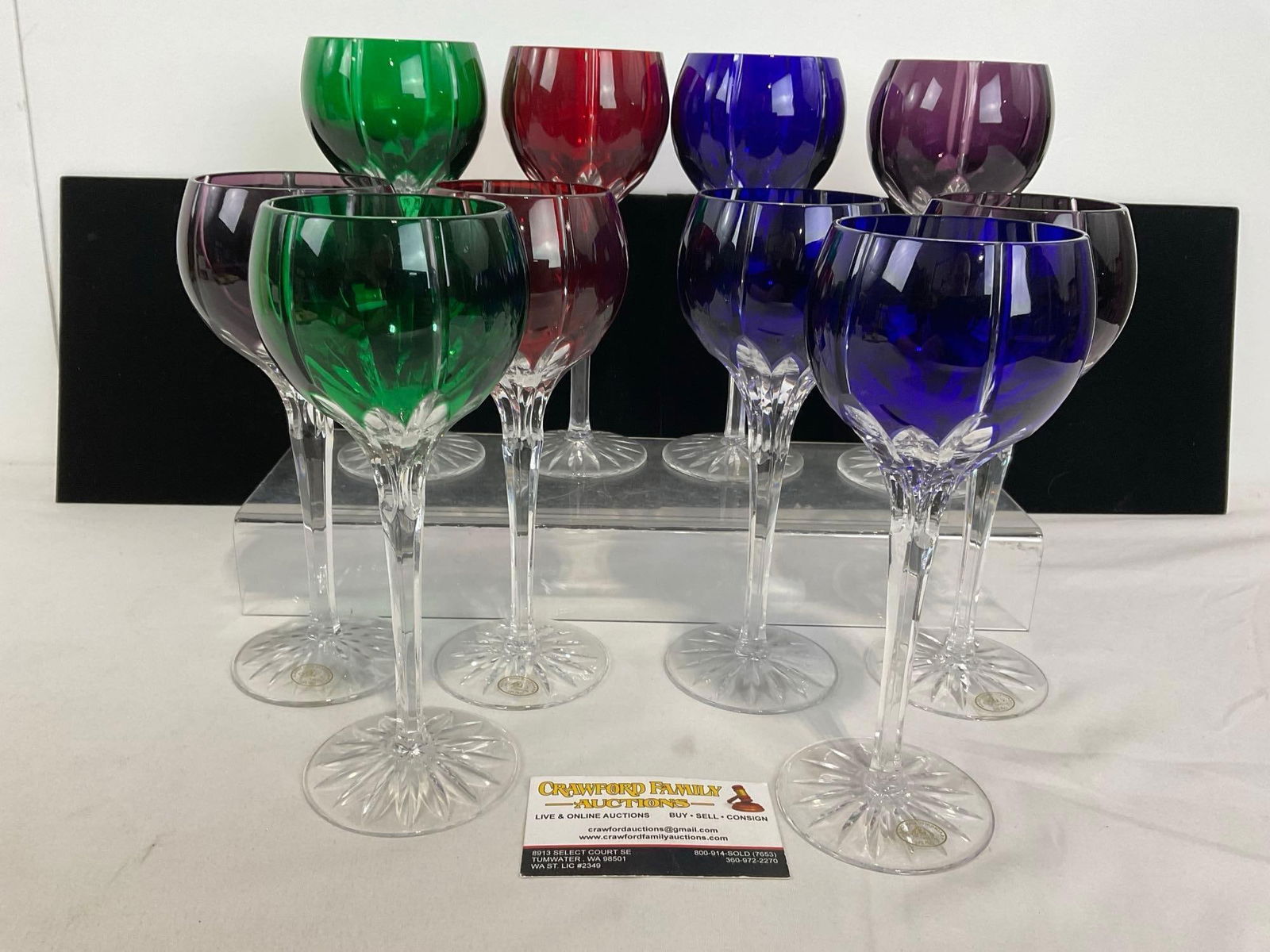 10 Etched Art Glass Multicolor Ajka Hungarian Leaded Crystal Goblets, 10 inches tall: Appears to be in good shape. The piece measures approx 11h x 17w x 11d inches. See pics. E-4780