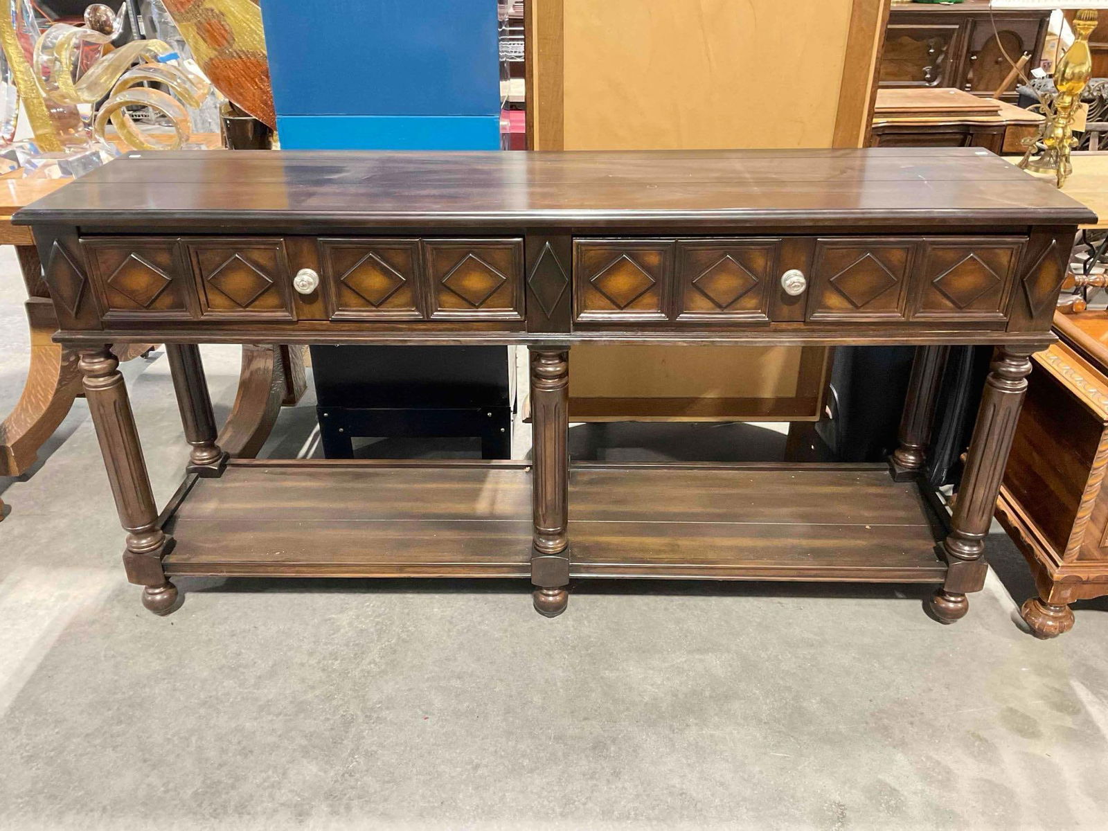 Modern 2-Tier Dark Wood Finish Console Table w/ 2 Drawers. Excellent Condition. See pics.: Modern 2-Tier Dark Wood Finish Console Table w/ 2 Drawers. Excellent Condition. Measures 71" x 20" x 36" DM-4720 *Freight Required if shipped*